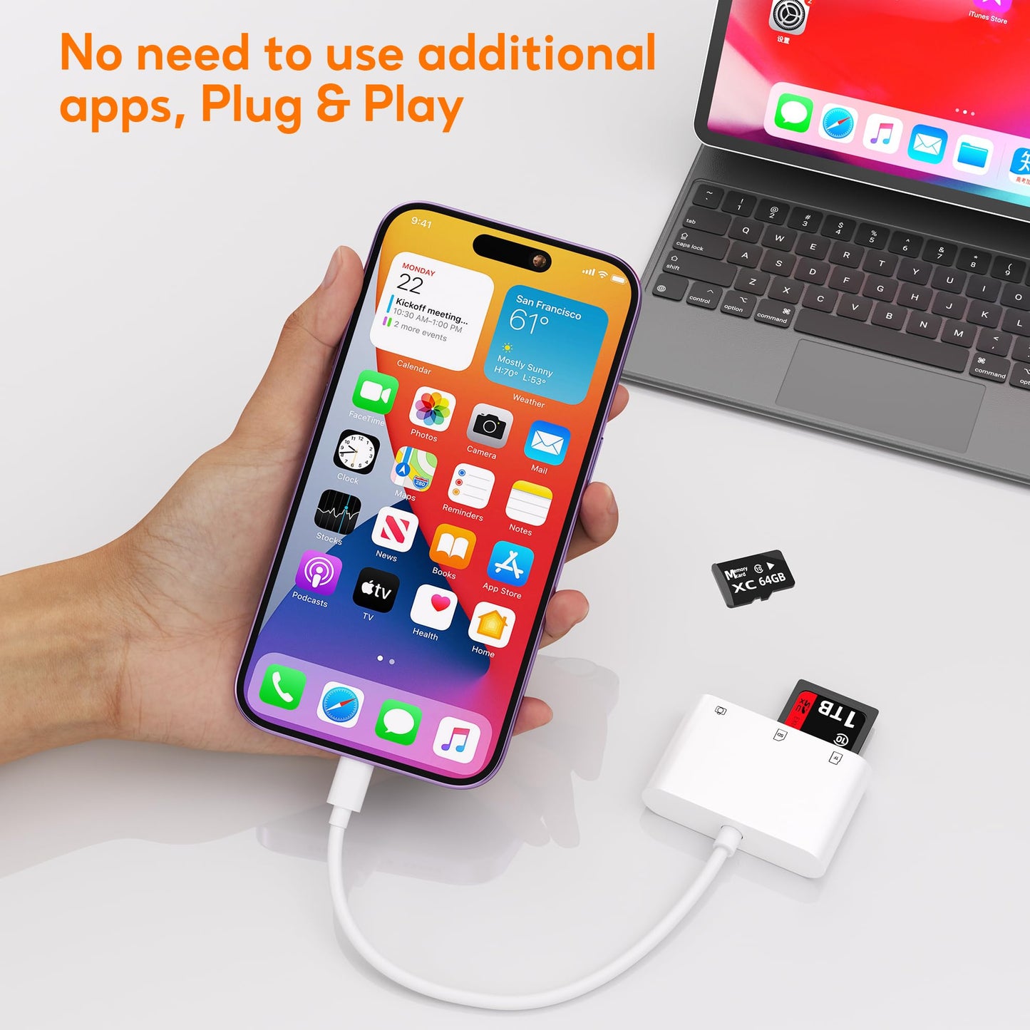 SD Card Reader for iPhone, Memory Card Veiwer Support SD and TF Card, USB Digital Camera Adapter for Lightning Devices Compatible with iPhone 13 12 11
