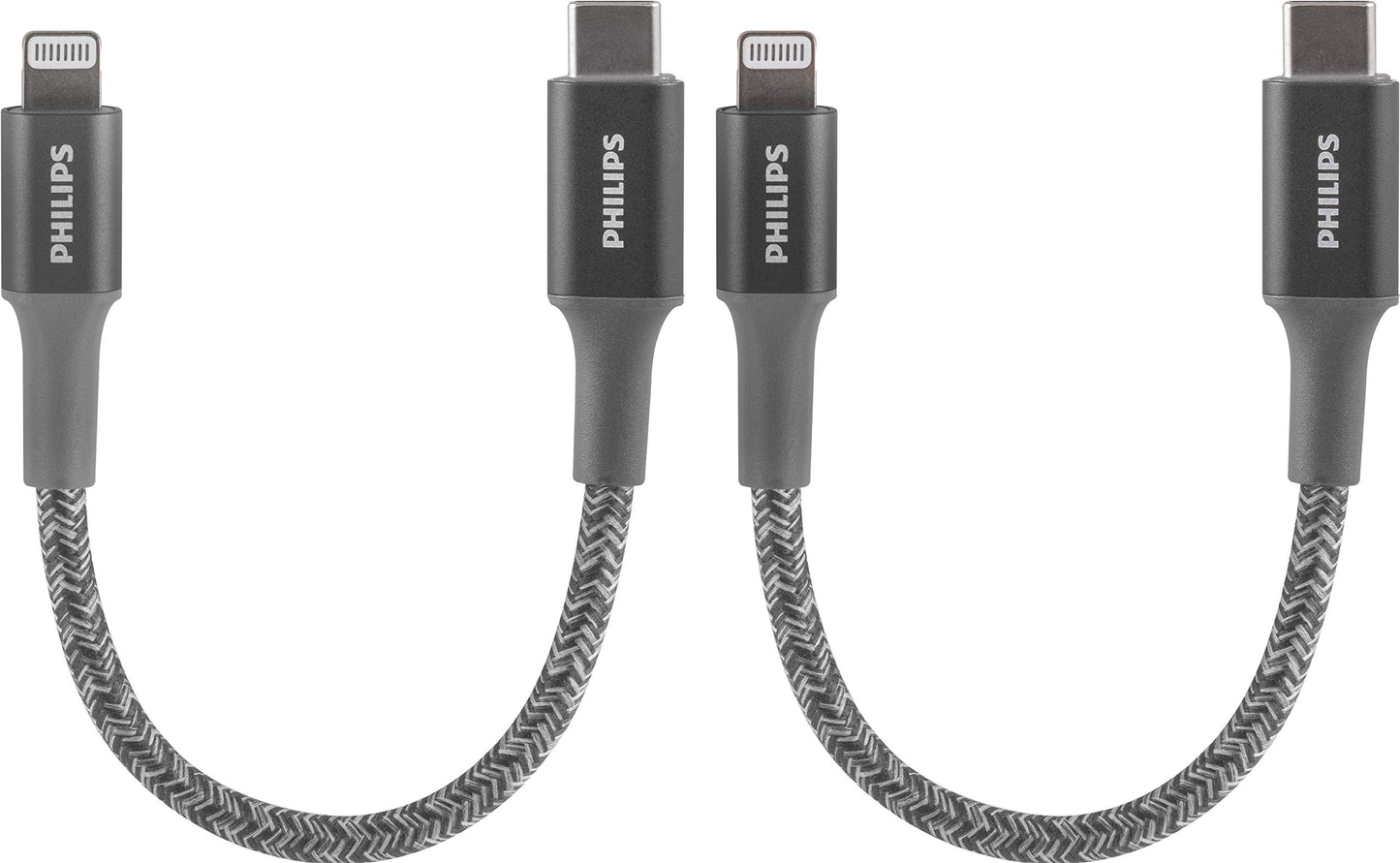PHILIPS USB-C to Lightning Cable, 6in, Braided Cord, Short, Fast Charge, Compatible with iPhone 12/11 Pro/X/8/8 Plus, iPad, Airpods, Gray, 2 Pack…