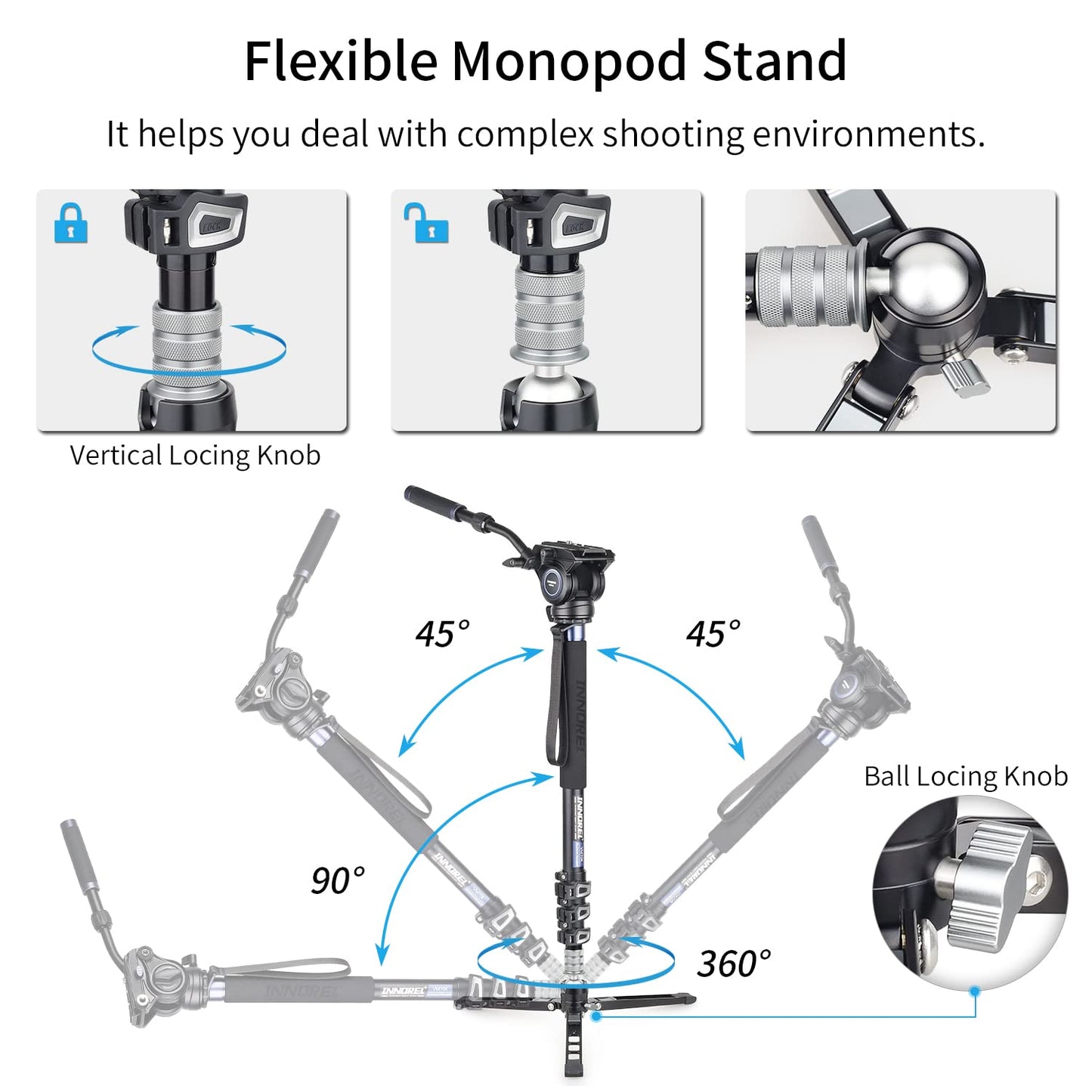 Professional Video Monopod Kit-INNOREL VM70K Including CNC Aluminum Fluid Head, Removable Tripod Base and Flexible Monopod Stand
