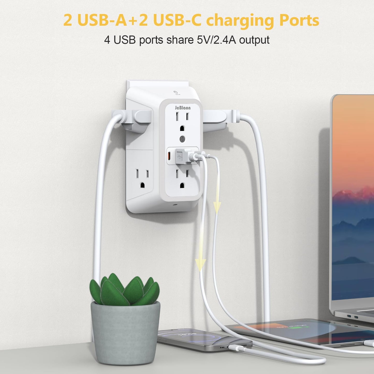 Wall Outlet Extender with Night Light, Power Plug Adapter 6 Outlet Extender with 4 USB Charging Ports 1050J Power Strip Multi Plug Adapter Spaced