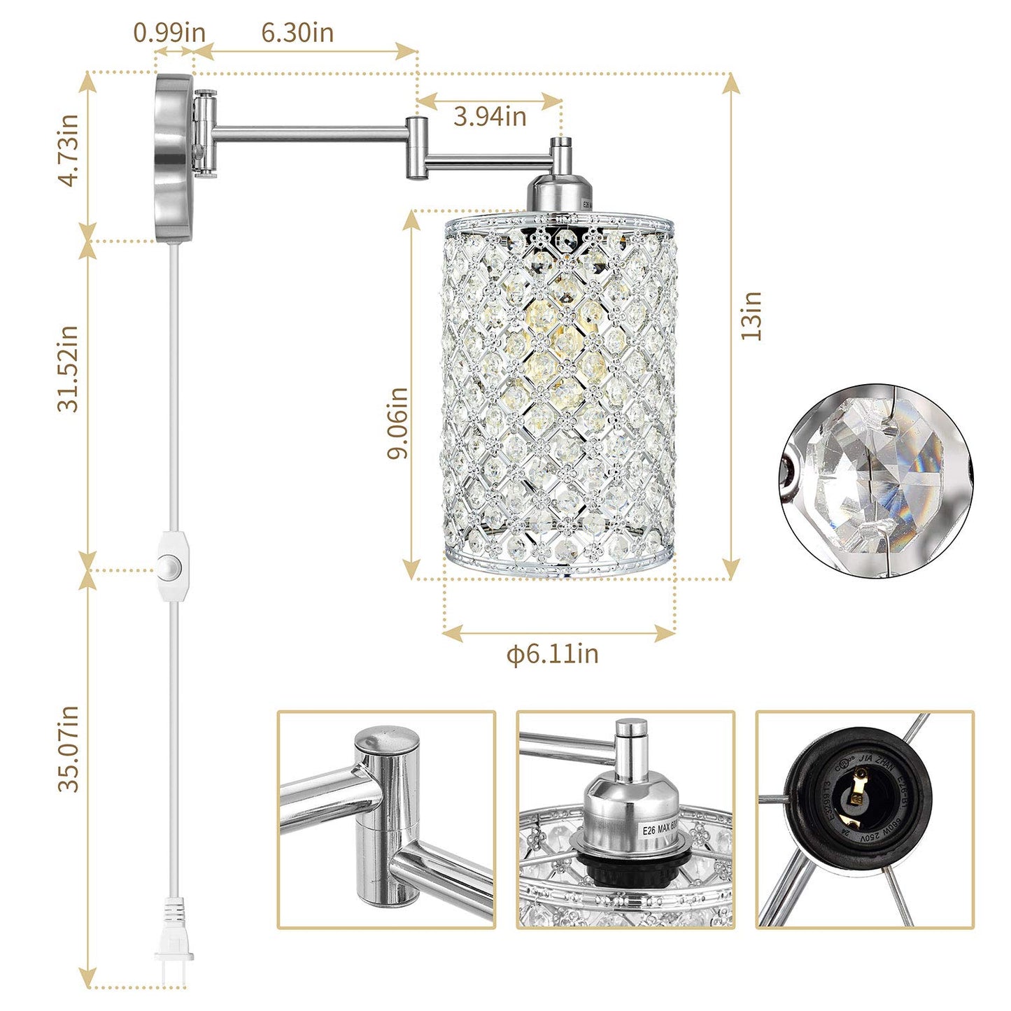 Merlight 1-Light Wall Lamp Modern Style Metal Round lampshade Decorative Dimmable Crystal E26 Base Wall Lights Industrial Swing Arm Wall Sconce
