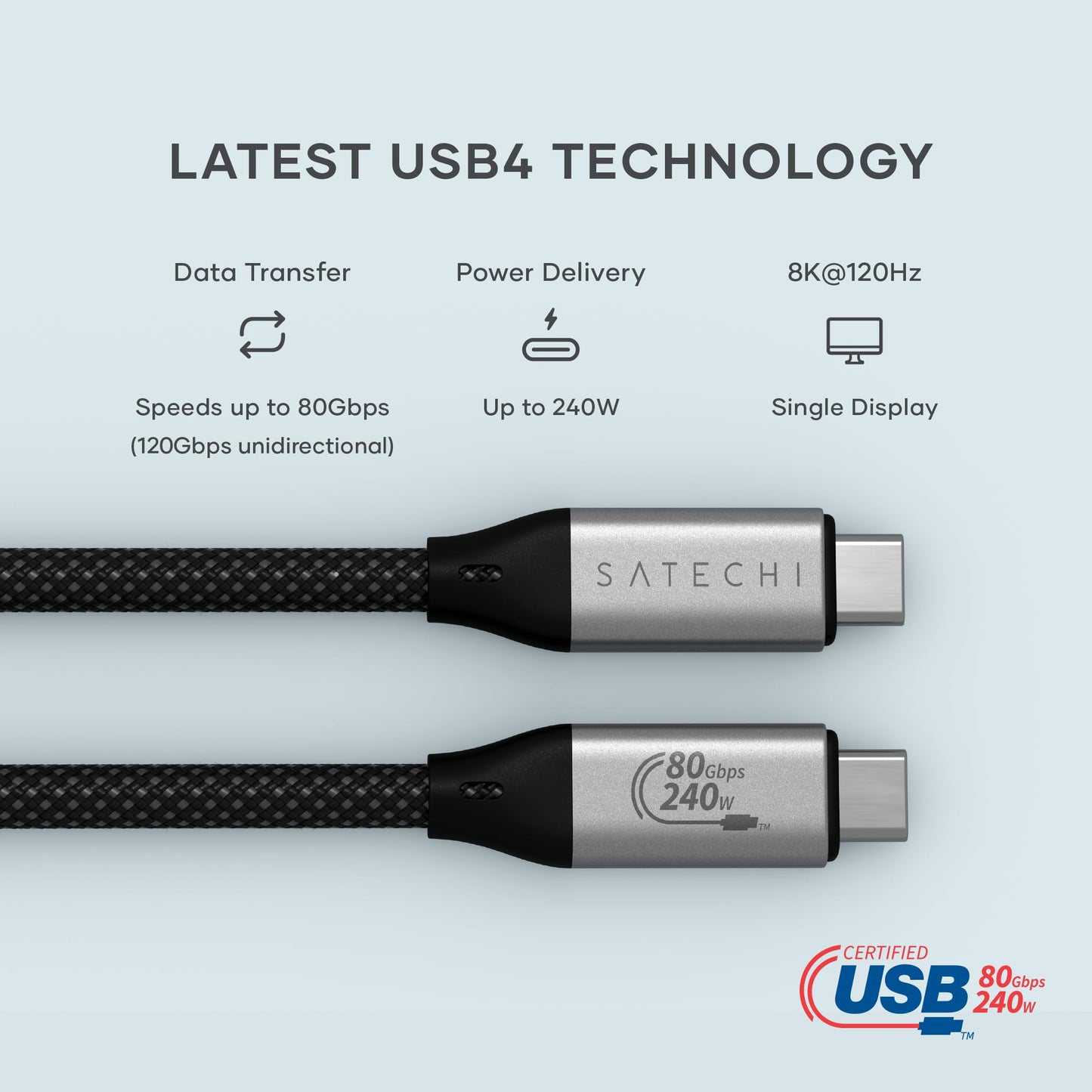 Satechi USB4 V2 Pro Cable, USB C Cable 1.2m/ 3.9ft, up to 120Gbps Data Transfer, 240W Power Delivery, 8K Display, Thunderbolt 5/4/3 Compatible,