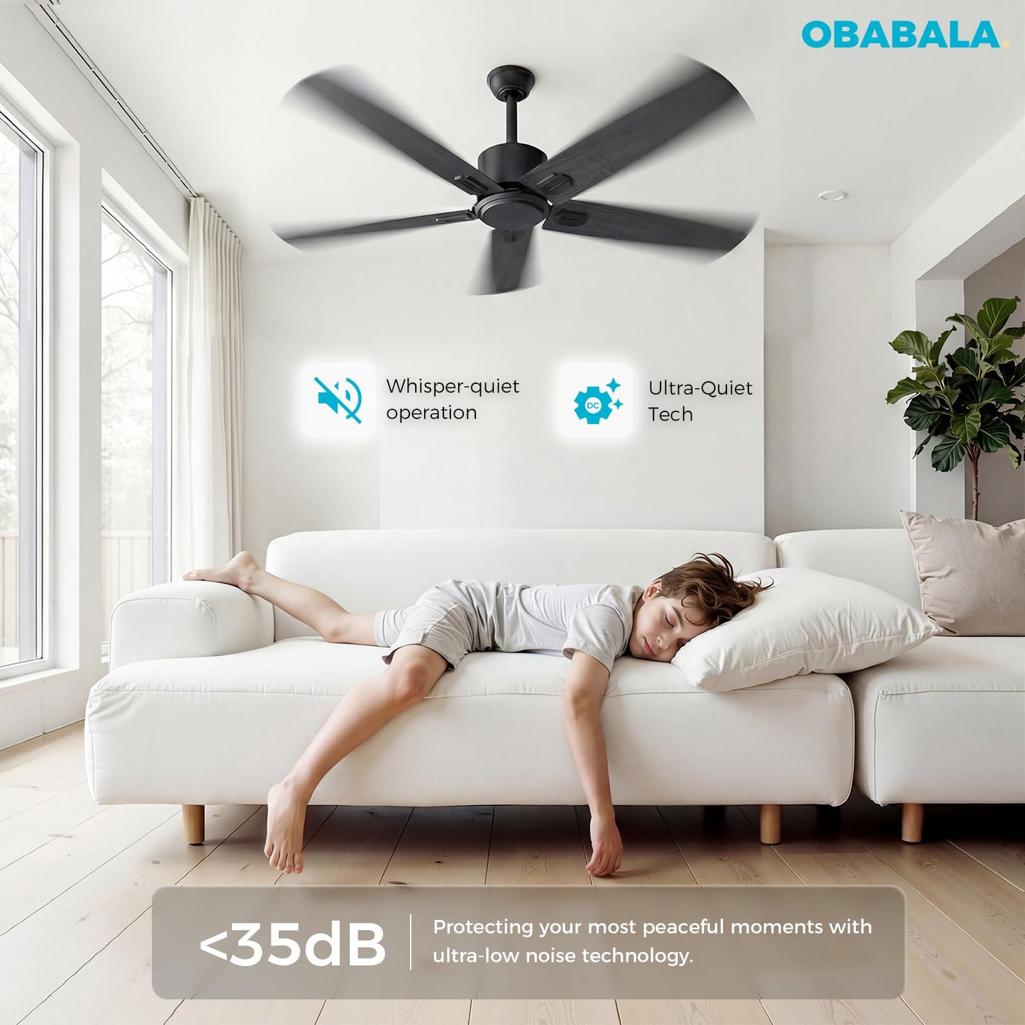 Obabala 52 Inch Ceiling Fan No Light, Modern Black Ceiling Fan Without Light with Remote & APP, Quiet Reversible DC Motor, 6-Speeds, for Living Room
