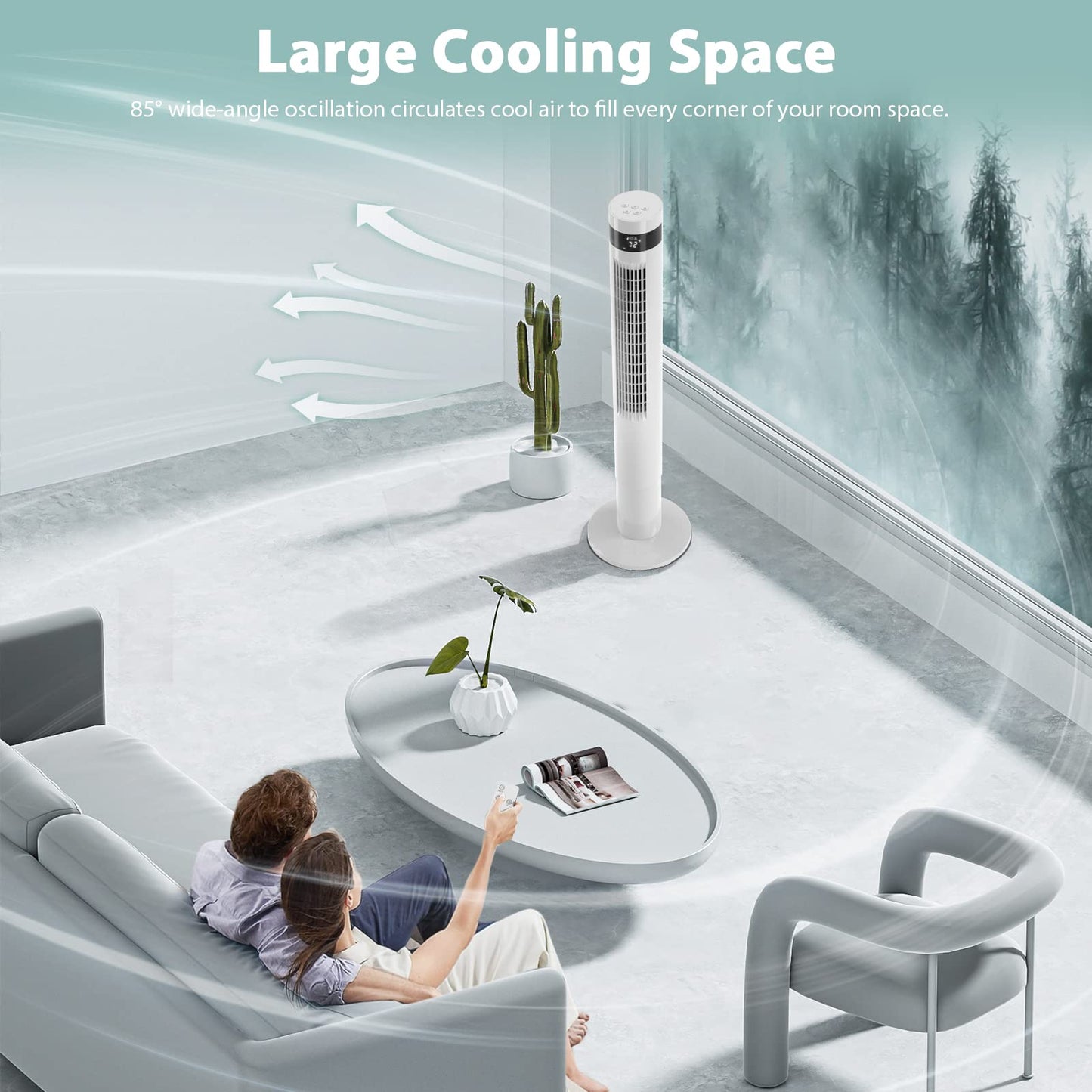 Antarctic Star Tower Fan Portable Electric Oscillating Fan Quiet Cooling Remote Control Standing Bladeless Floor Fans 3 Speeds Wind Modes Timer
