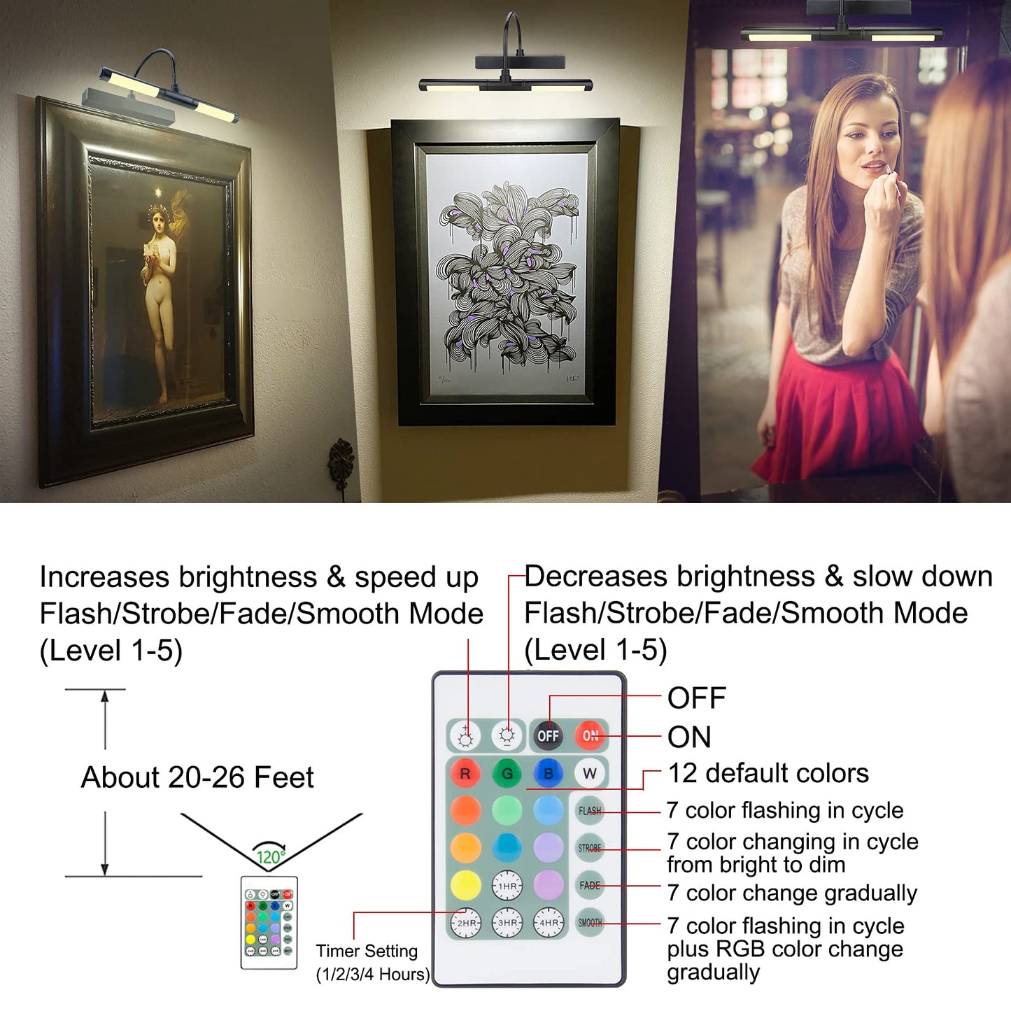 LUXSWAY Picture Lights Rechargeable,Painting Light for Picture with Aluminum Finish,Upgrade 12 Color Changing Art Lights with Timer for Display,Dart