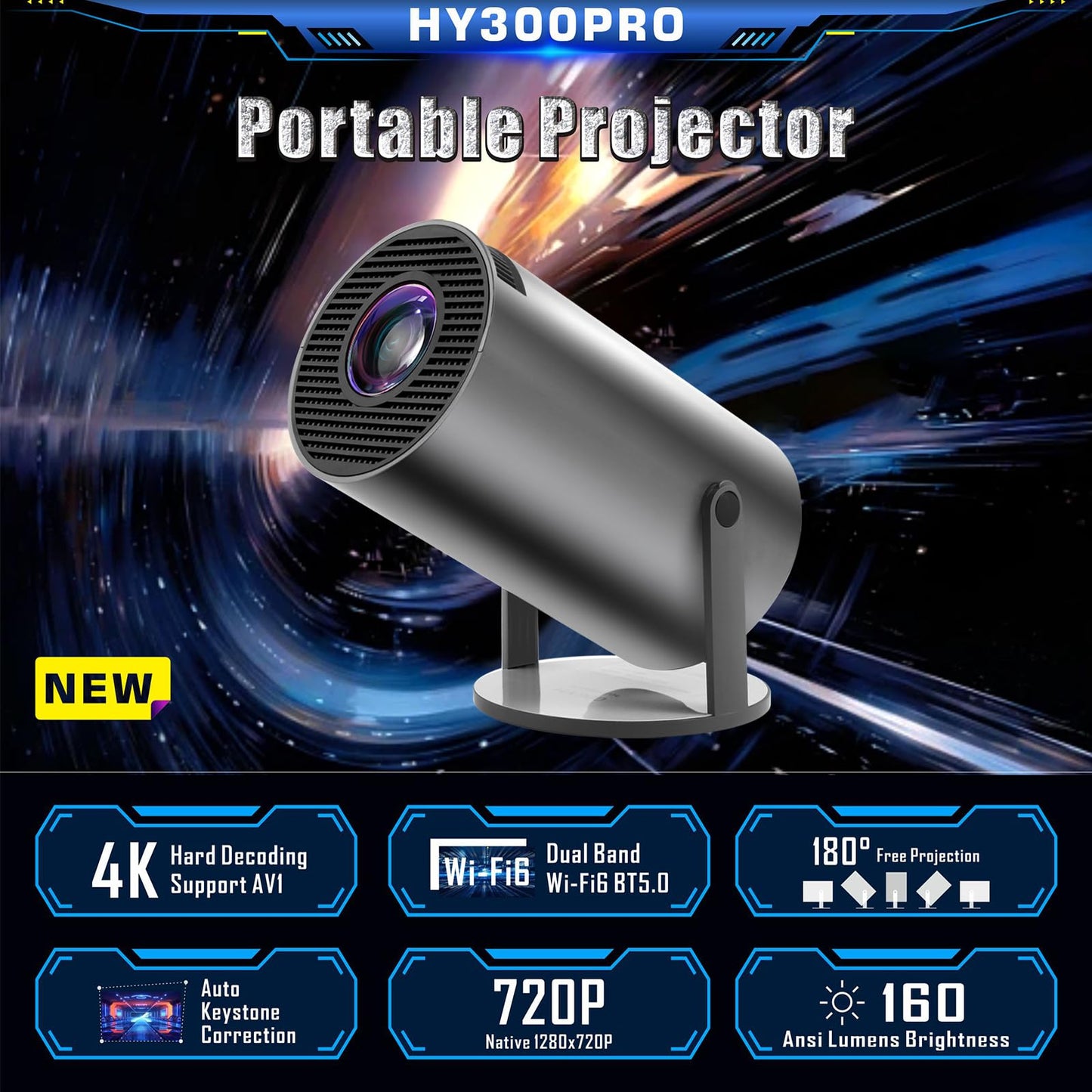 Mini Projector,Smart Projector,4K Projector with Wifi 6 and Bluetooth 5,Portable Projector with Android 11, Automatic Keystone Correction,180