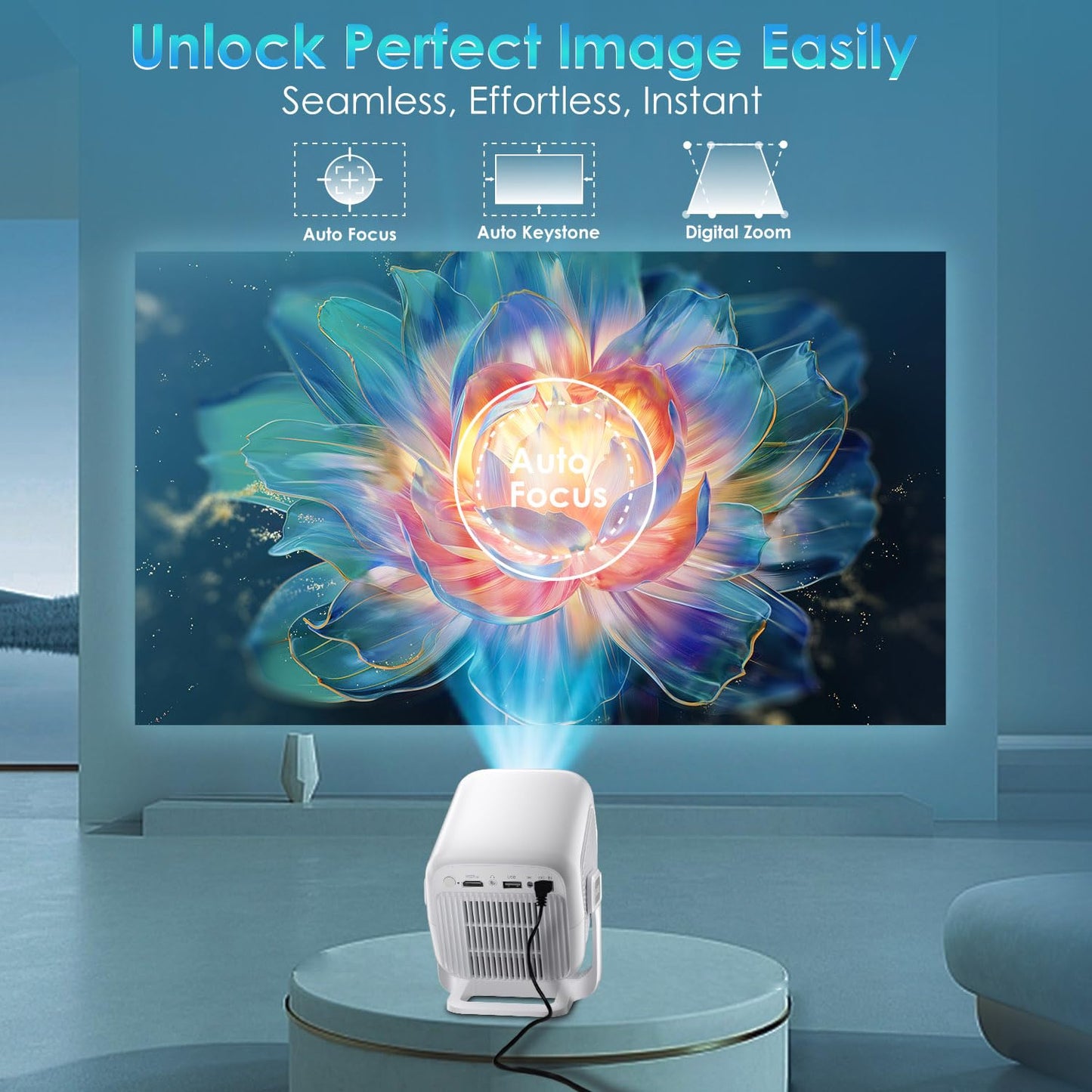 [ Auto Focus / 1080P Native ] Mini Projector 4K, 250 ANSI Lumens, Short Throw Projectors with Wifi and Bluetooth 5.4, Built-in Apps, Outdoor Movie