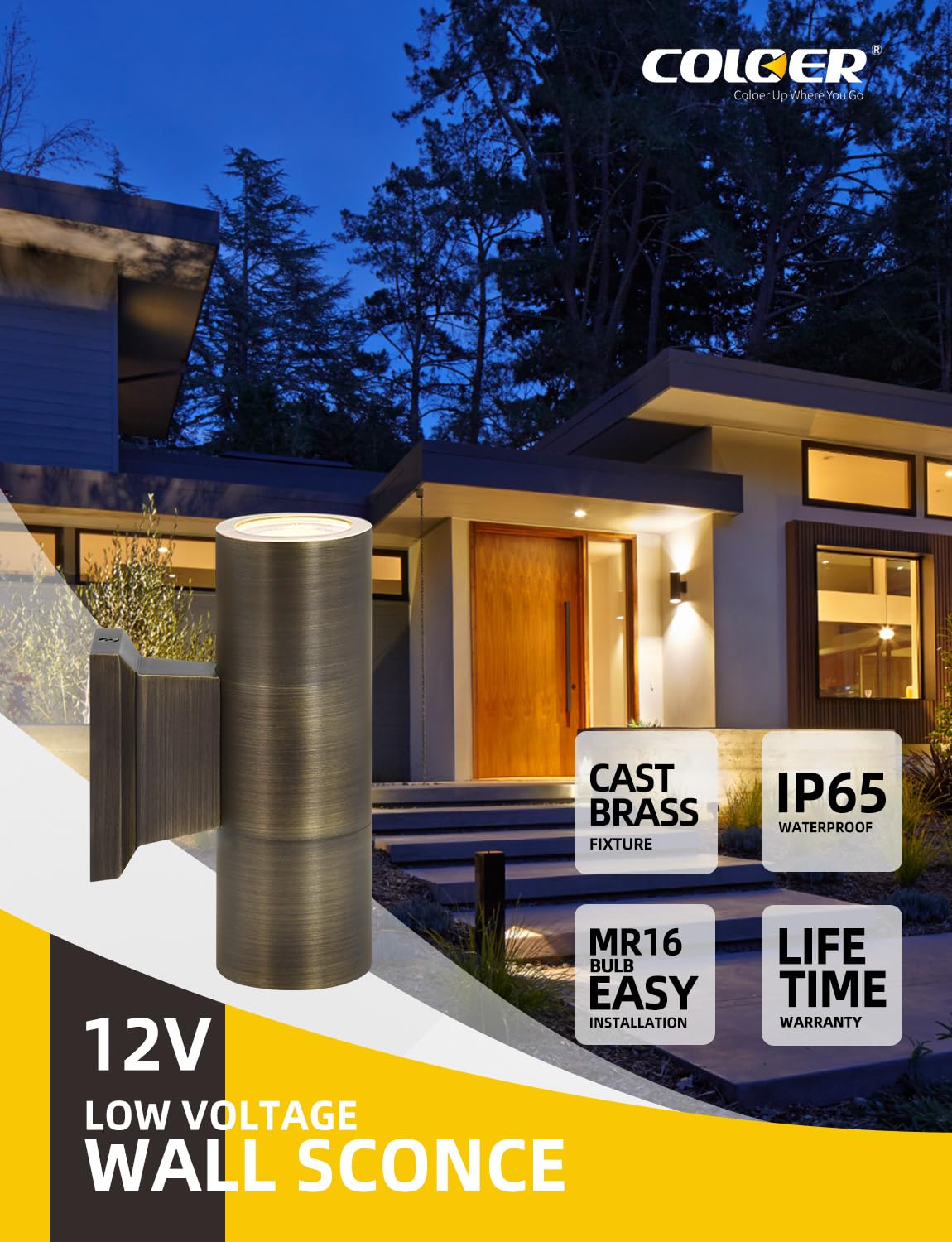 COLOER Brass Outdoor Cylinder Wall Lights(Bronze 6.875" H x 4.25" W) with 5W LED MR16, 12V Low Voltage Porch Light in 2 Lights, 2700K Up Down Lights