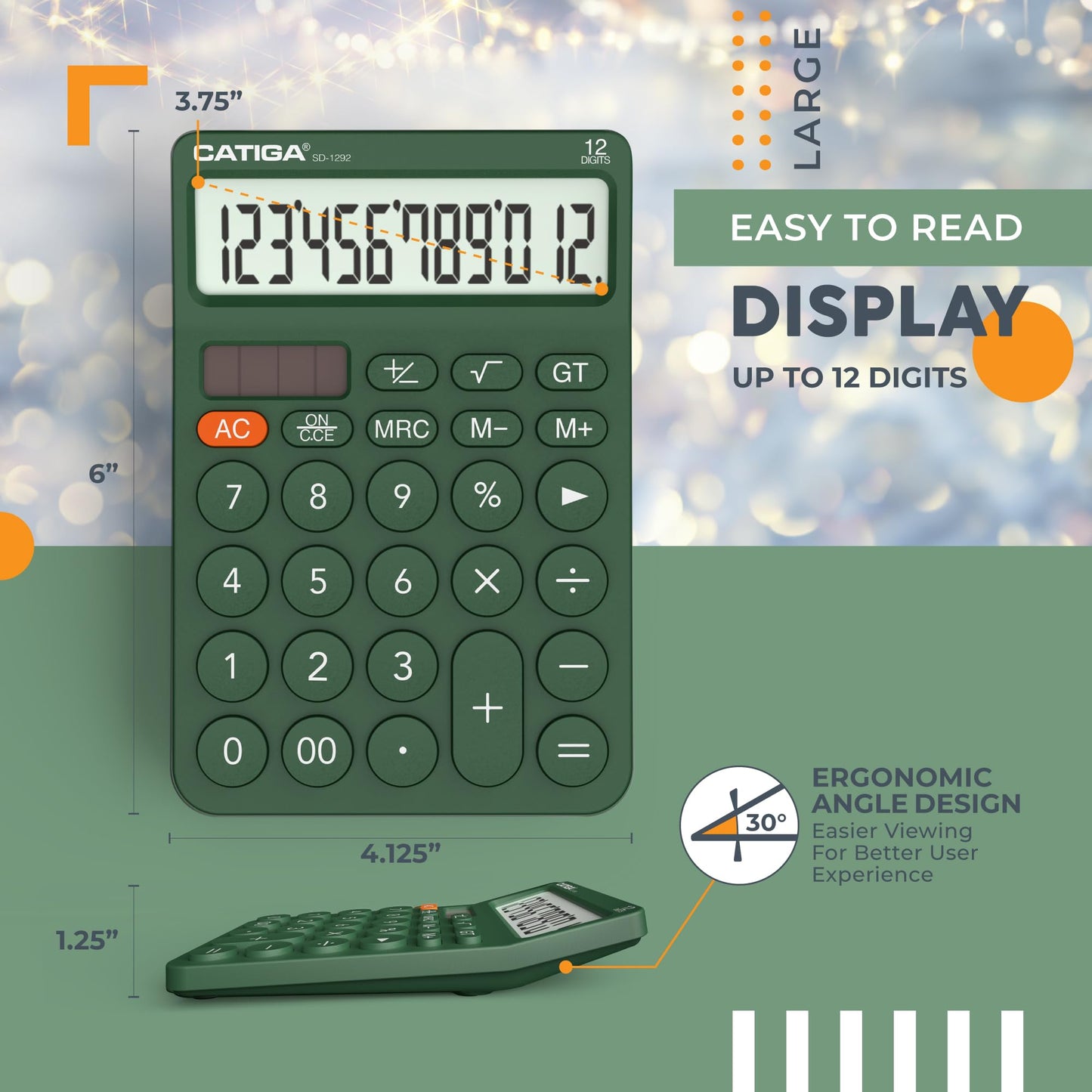 CATIGA 12 Digit Desktop Calculator Basic Desk Calculator with Large LCD Display, Big Buttons, 4 Function, Solar and Battery Dual Power, for Office