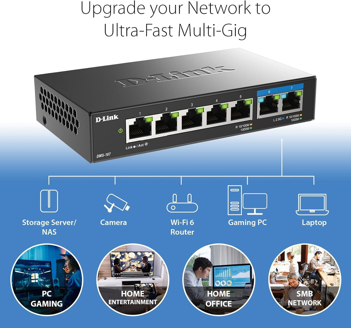D-Link 7-Port 2.5GB Unmanaged Gaming Switch with 2 x 2.5G, 5 x 10/100/1000 Mbps - Multi-Gig, Network, Fanless, Plug & Play (DMS-107) Black