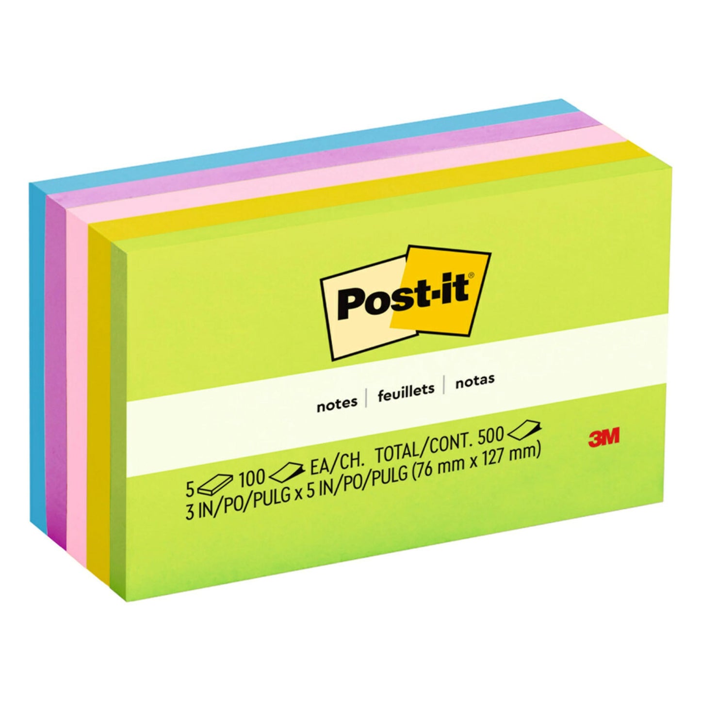 Post-it Notes, 3x5 in, 5 Pads, America's #1 Favorite Sticky Notes, Floral Fantasy Collection, Bold Colors (Green, Yellow, Orange, Purple, Blue), Clean