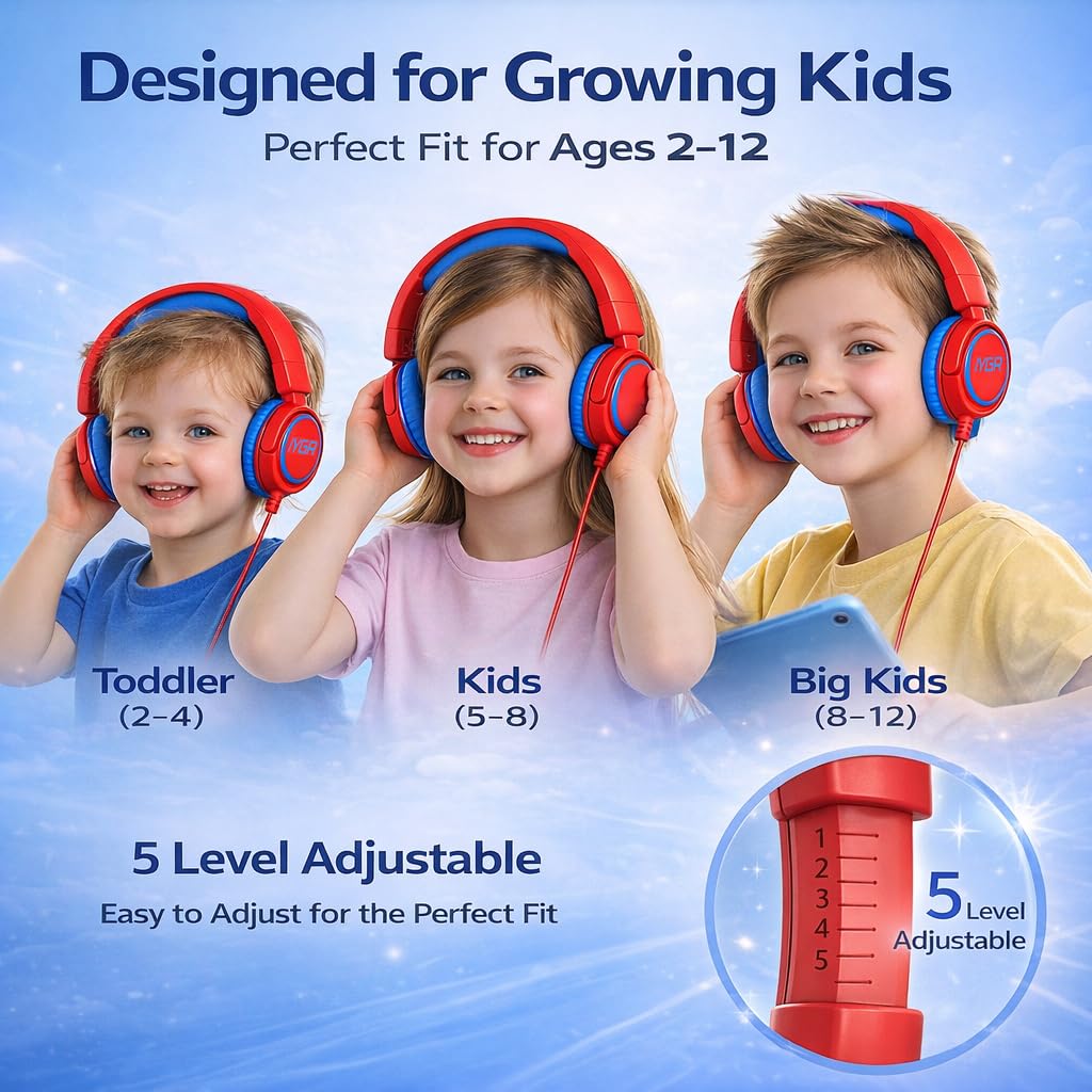 IYGR K6C Kids Headphones with USB-C, for Toddler & Kids Ages 2-12, 85dB Safe Volume Limited, Adjustable Headband & Foldable Wired, On-Ear Headphones