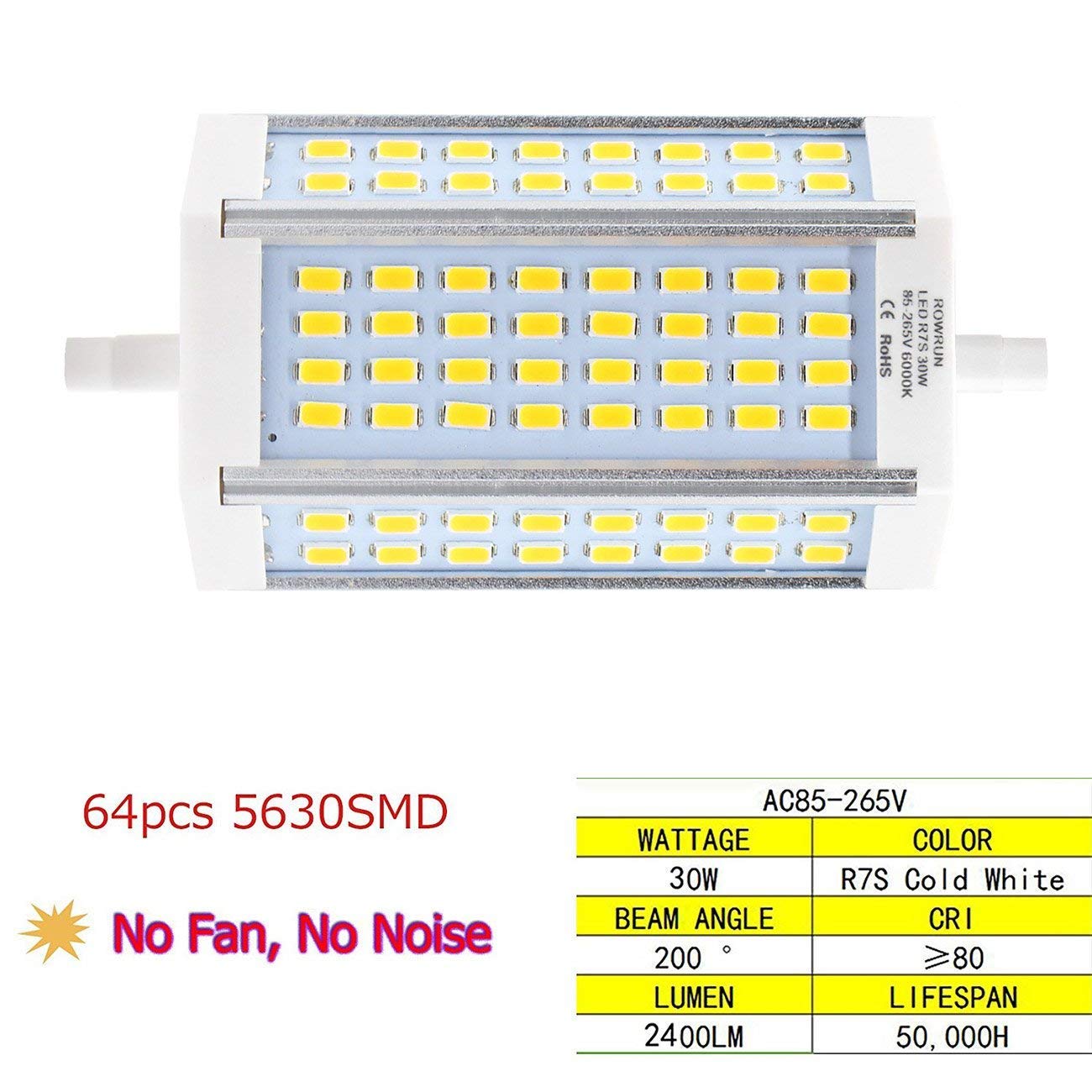 Rowrun 30W R7S J118 T3 LED Bulb Daylight White R7S Base 118mm 300W Equivalent Double Ended led Replacement for Halogen Workshop Lighting Bulb 6000K