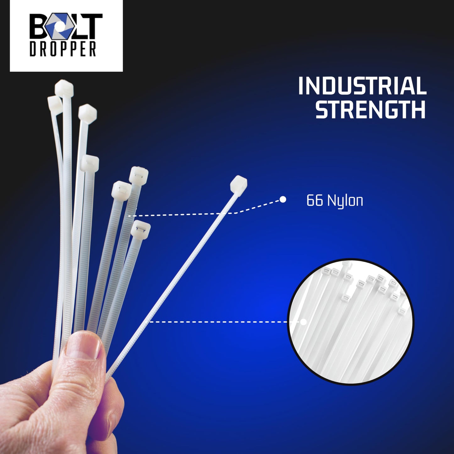 Bolt Dropper 6" White Zip Cable Ties (100 Pack), 40lbs Tensile Strength - Heavy Duty, Self-Locking Premium Nylon Wire for Indoor and Outdoor