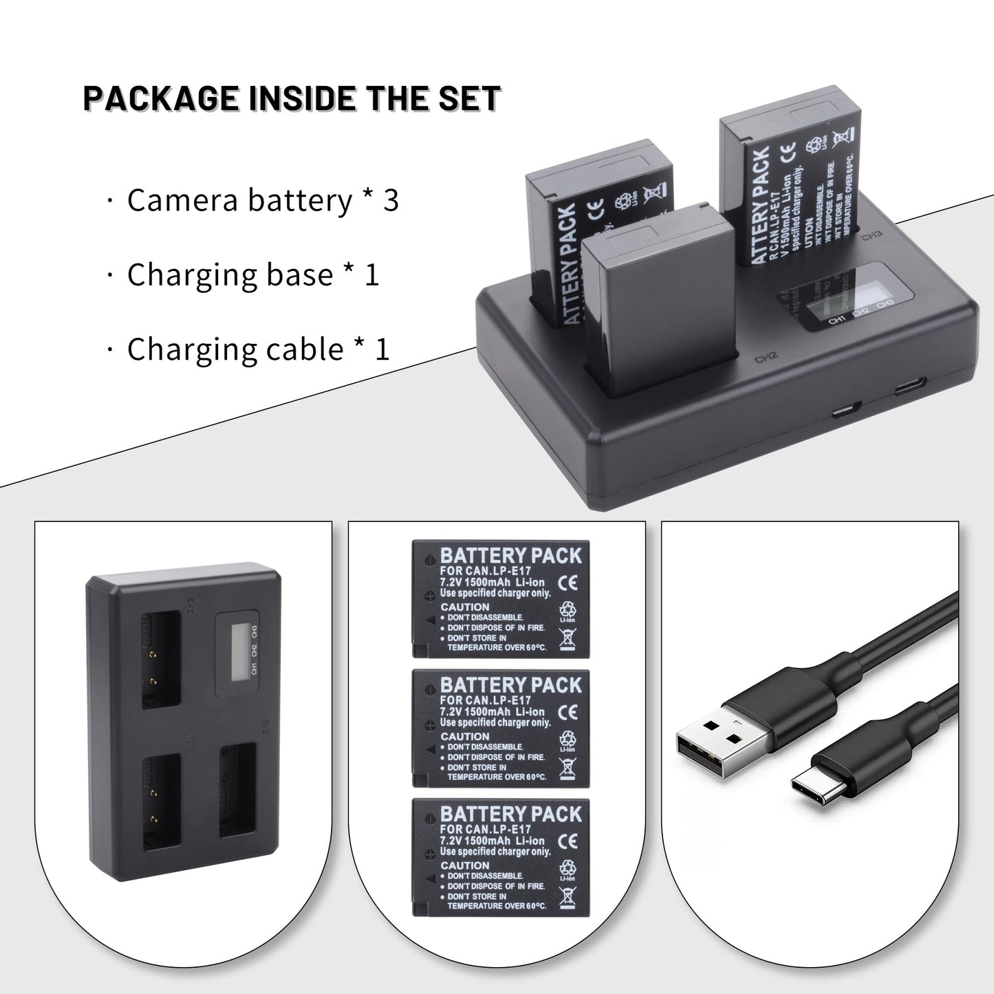 3-Pack LP-E17 Batteries with Smart Triple Slot LCD Charger for Canon EOS M3, M5, M6, EOS 200D, 750D, 760D, 77D, 800D, EOS R8, R10, R50, R100, RP
