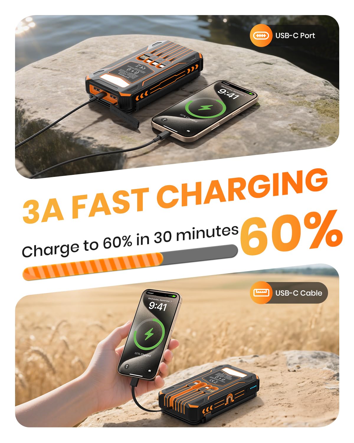 SOARAISE Solar Charger 25000mAh Solar Power Bank with 4 Foldable Solar Panels and 2 Ports, Portable Phone Charger for Outdoor Camping Hiking