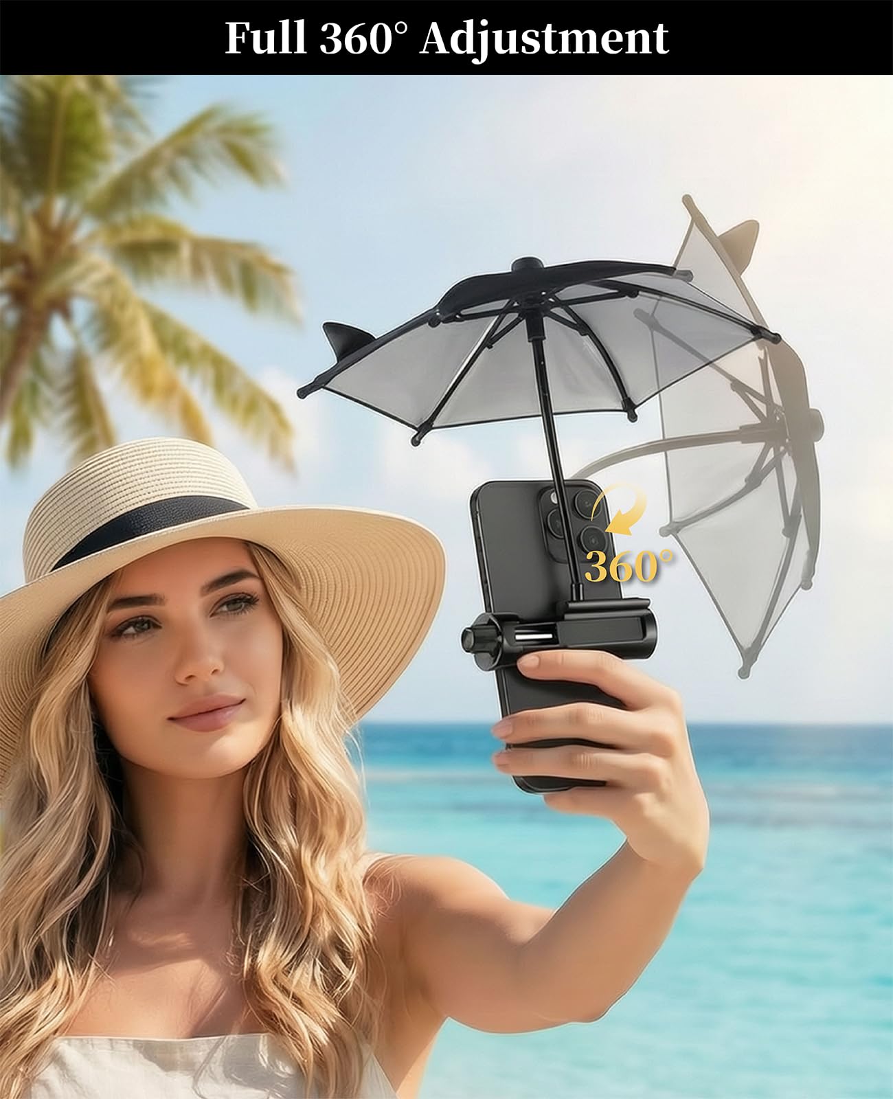 Geyynow Strong Phone Sunshade Umbrella for iPhone/Android with Sturdy Clip - 360 Adjustable Mini Tanning Shade Cover - UPF 50+ UV Protection