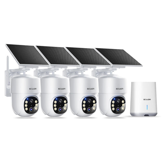 SOLIOM- 5MP Security Cameras Wireless Outdoor, No Subscription & Solar Powered,4-Cam Pack Cameras for Home Security with 360° Auto Motion Tracking, 3K