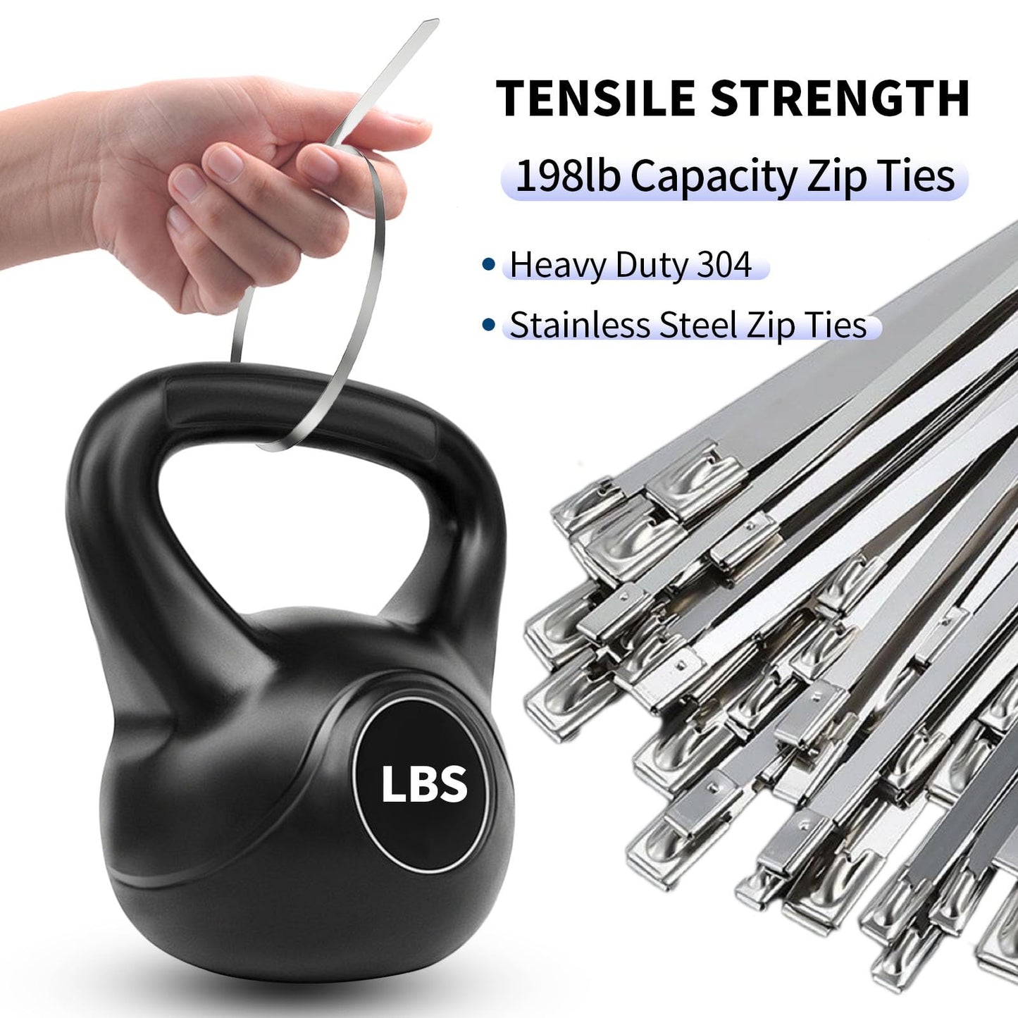 Metal Zip Ties 11.8 Inch 100pcs, 304 Stainless Steel Zip Ties for Outdoor Use, Heavy Duty Multi-Purpose Self-locking Cable Ties for Exhaust Wrap