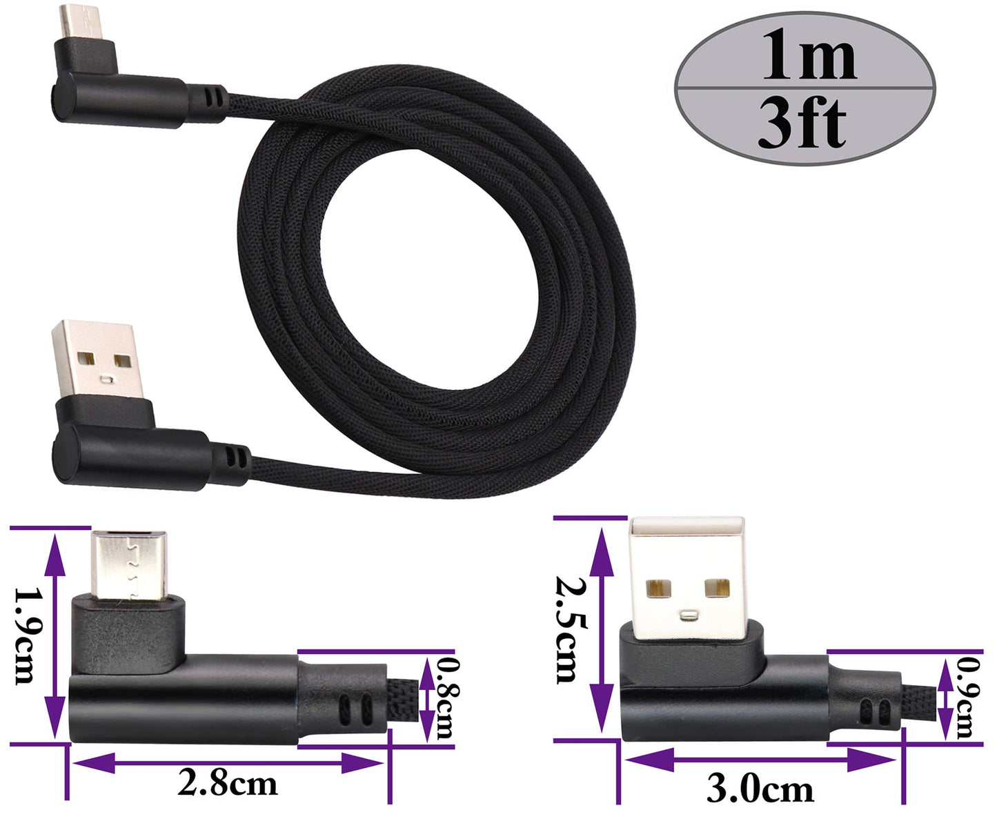 AAOTOKK 3 Ft 90 Degree Micro USB Cable Right Angle USB 2.0 Micro Male Nylon-Braided Fast Sync & Charging Cord Compatible with Android, Samsung