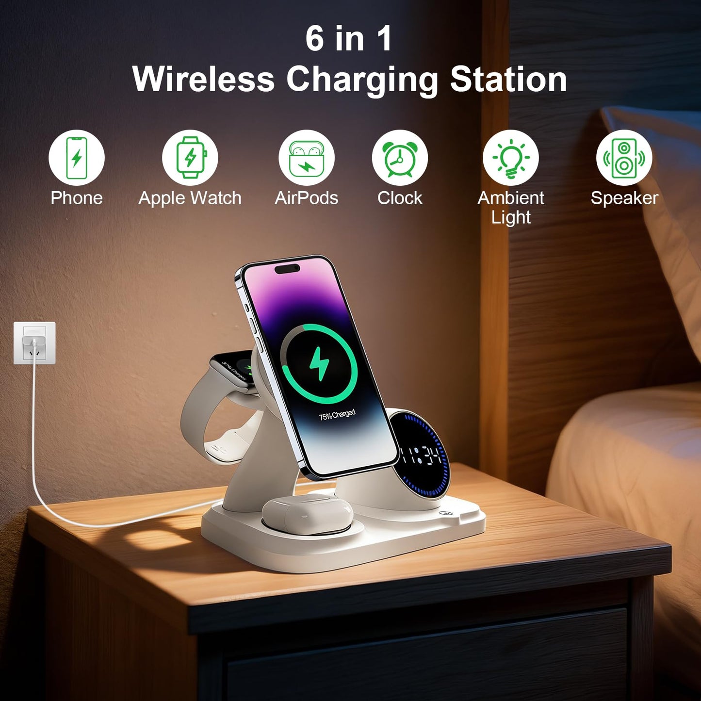6-in-1 Wireless Charging Station with Bluetooth Speaker,Digital Clock and Ambient Lights,Fast Wireless Charger for for Multiple Devices for Apple