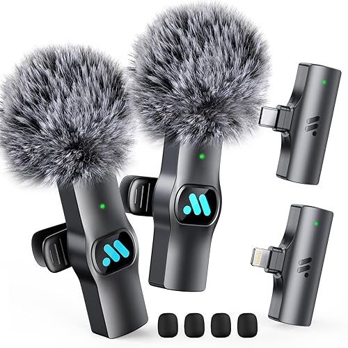 Leettus 2pcs Dual Receivers Mini Microphone for iPhone iPad Android Video Recording,Lavalier Wireless Microphones for Game,Live