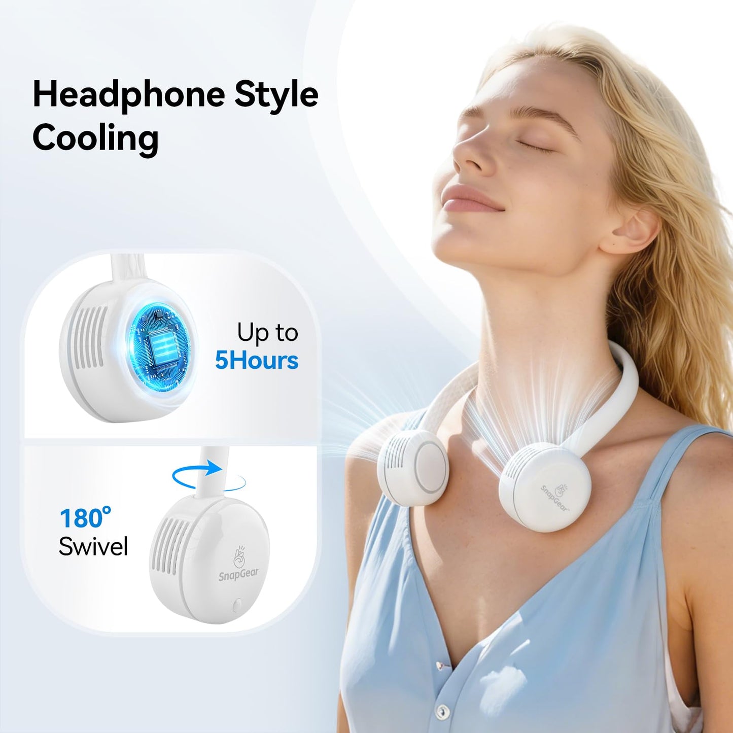 Snapgear Portbale Neck Fan DUO, Lightweight Hair-Safe Bladeless Design, Dual Motors 360° Cooling Hands Free, Foldable, 3 Speeds USB Rechargeable