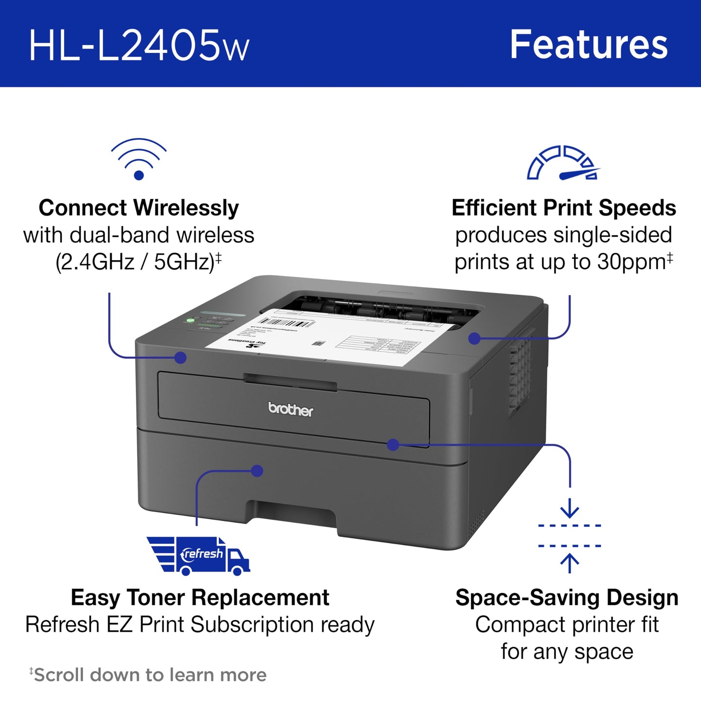 Brother HL-L2405W Wireless Compact Monochrome Laser Printer with Mobile Printing, Black & White Output | Includes Refresh Subscription Trial(1), Works