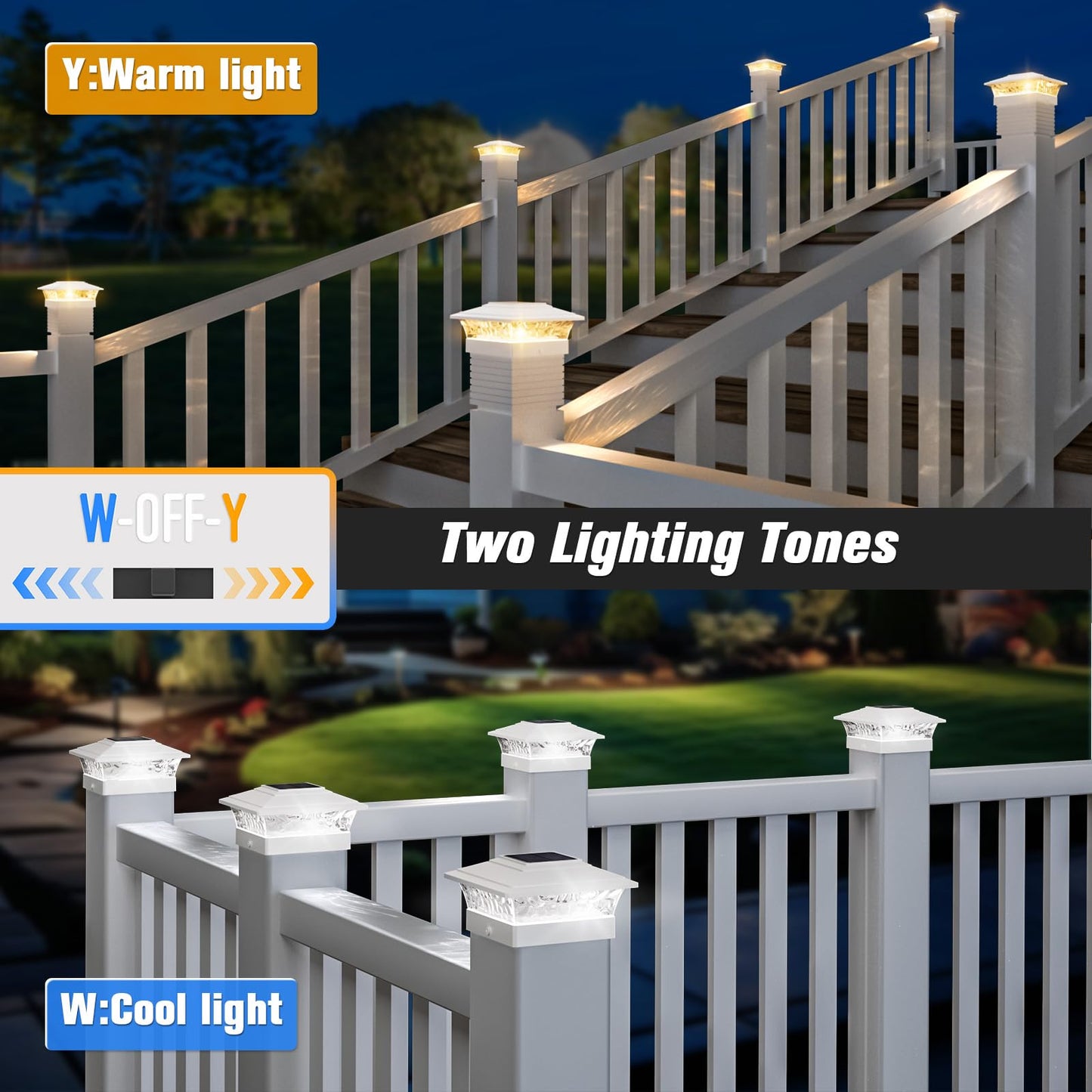 Solar Post Cap Lights Outdoor 6pack, Waterproof Solar Powered Deck Fence Post Lights Fit 4x4/5x5/6x6 Wood/Vinyl Posts, White Vinyl Fence Post lights