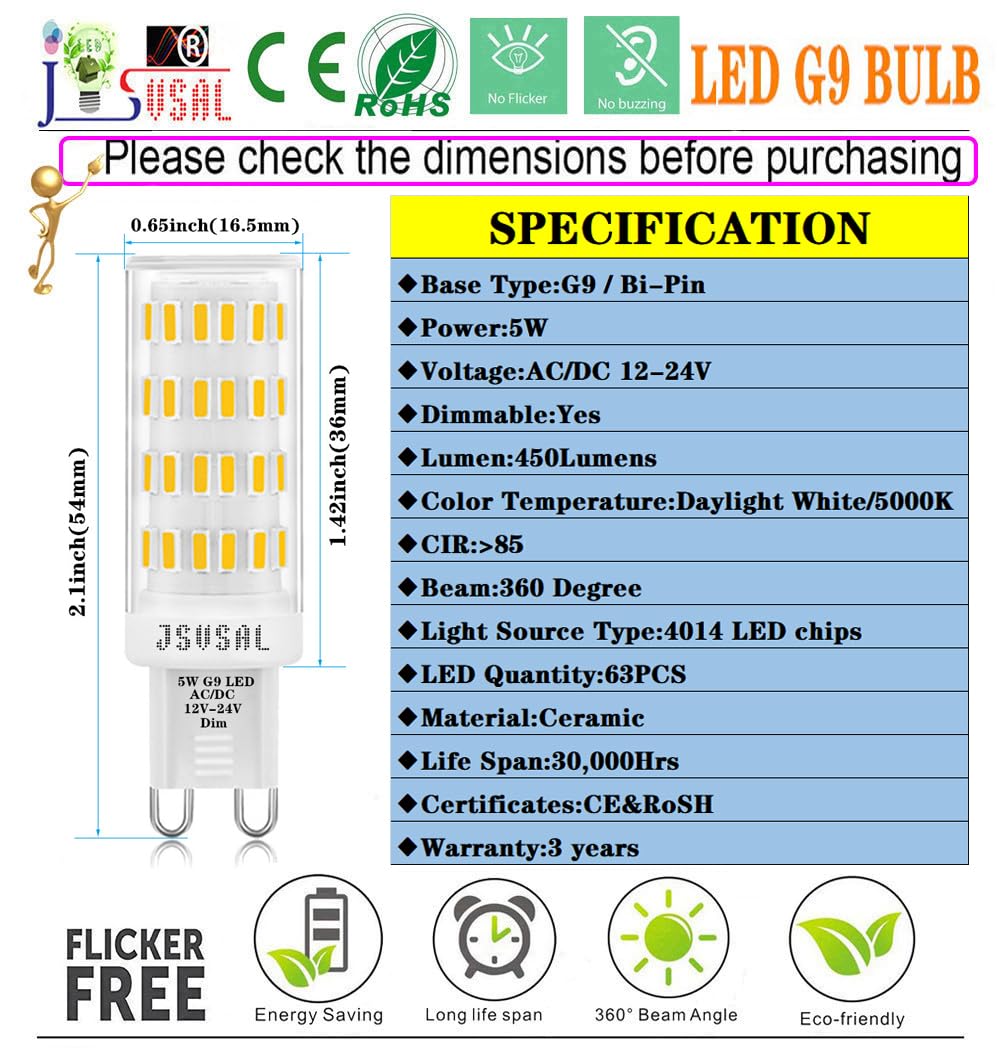 JSVSAL G9 LED Bulb Dimmable Low Voltage 12V-24V,Daylight White 5000K,4-Pack