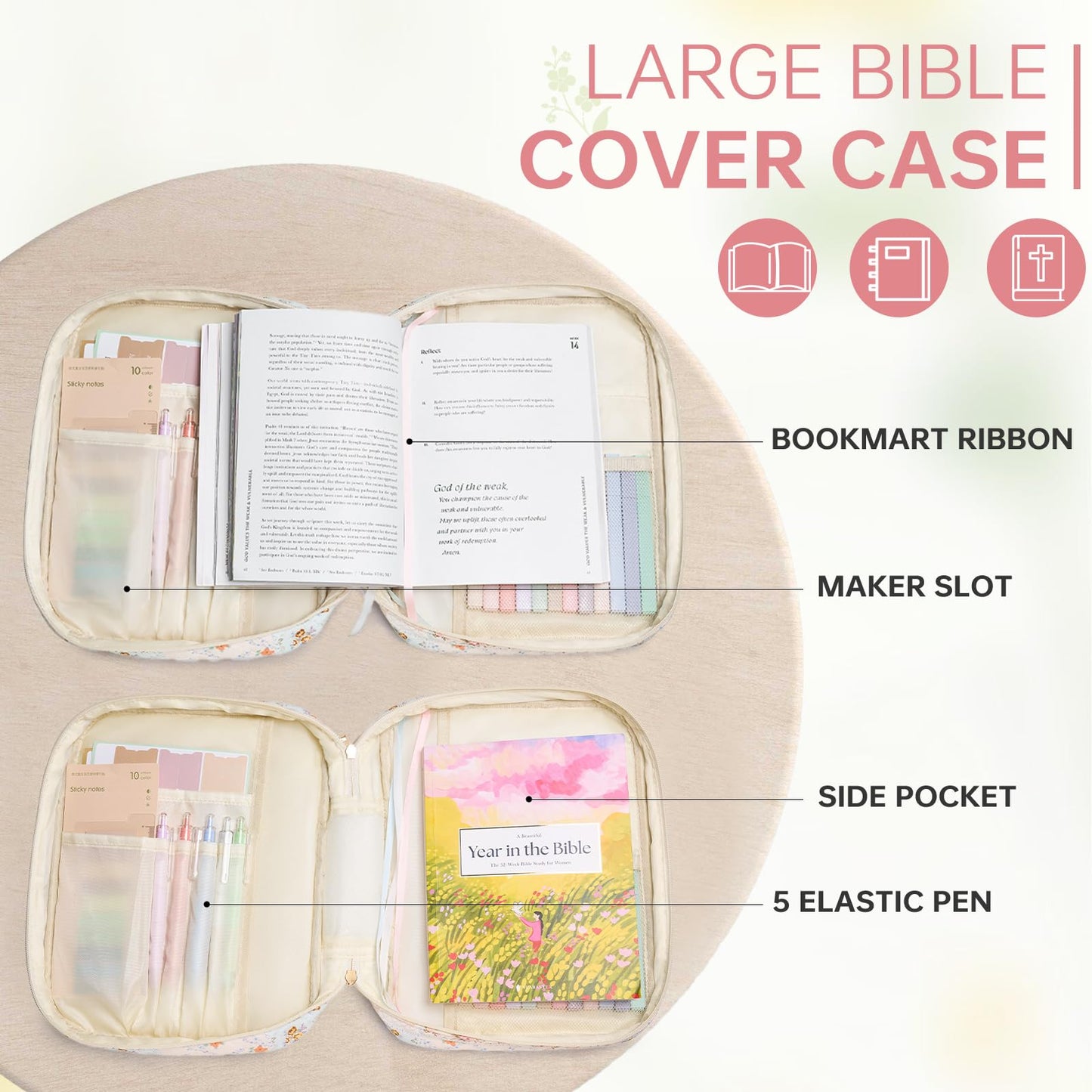 Bible Cover Case for Women Bible Bag Cover with Durable Handle Quilted Bible Carrying Case for Girls Bible Study Supplies Accessories (Siamese Rose)