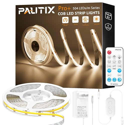 PAUTIX COB LED Strip Light 2520LEDs,Super Bright High Lumen 4000K Natural White 16.4ft,Dimmable 24V LED Tape Light with 3M Tape,RF Remote with Timer
