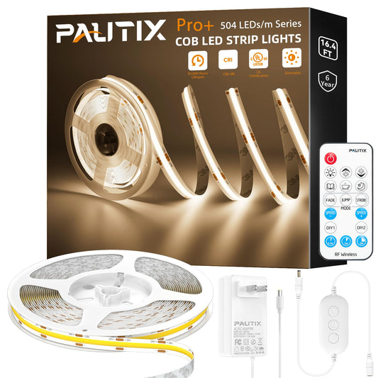 PAUTIX COB LED Strip Light 2520LEDs,Super Bright High Lumen 4000K Natural White 16.4ft,Dimmable 24V LED Tape Light with 3M Tape,RF Remote with Timer