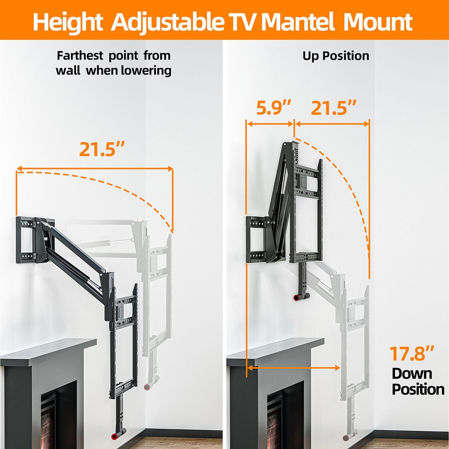 Pull Down TV Mount for Fireplace, Height Adjustable for Most 43-80 Inch TVs, Max VESA 600x400mm up to 80lbs, Full Motion Articulating Above Mantle
