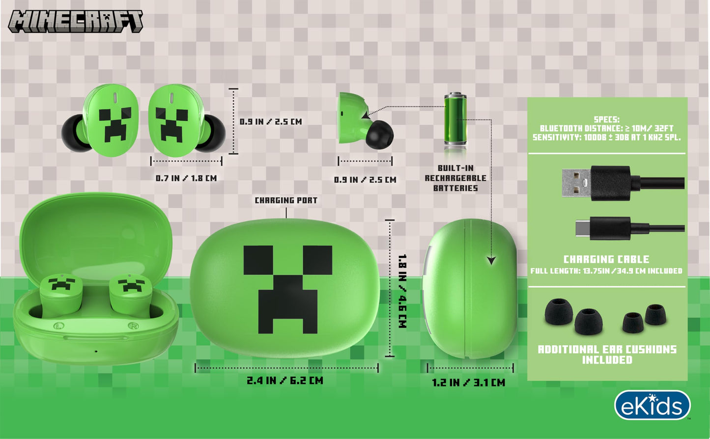 eKids Minecraft Bluetooth Earbuds with Microphone, Wireless Earbuds with Charging Case
