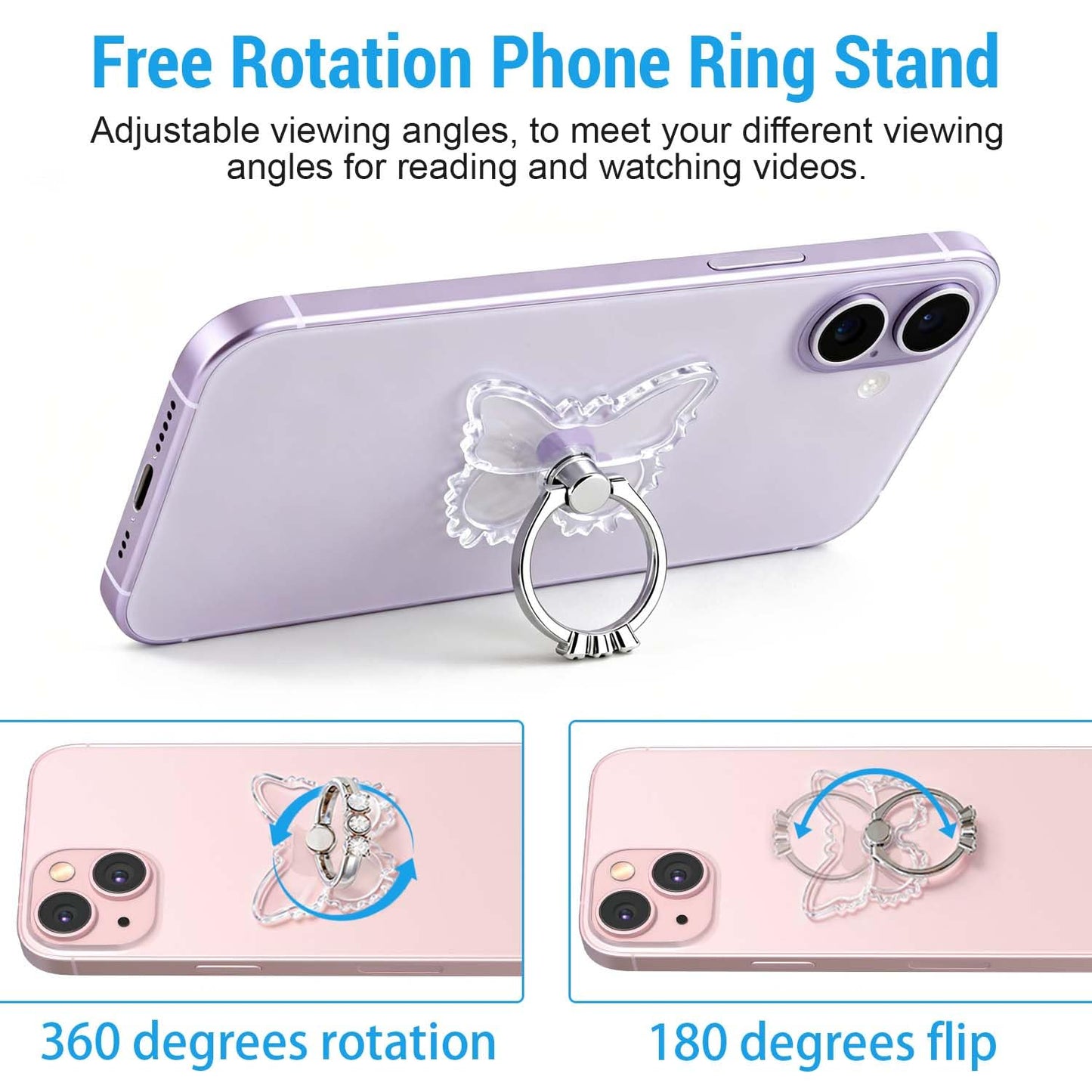 2PcsTransparent Phone Ring Holder Grip, Clear Butterfly Cell Phone Ring Holder Stand with Diamonds,360°Rotation Finger Grip Ring Kickstand Compatible