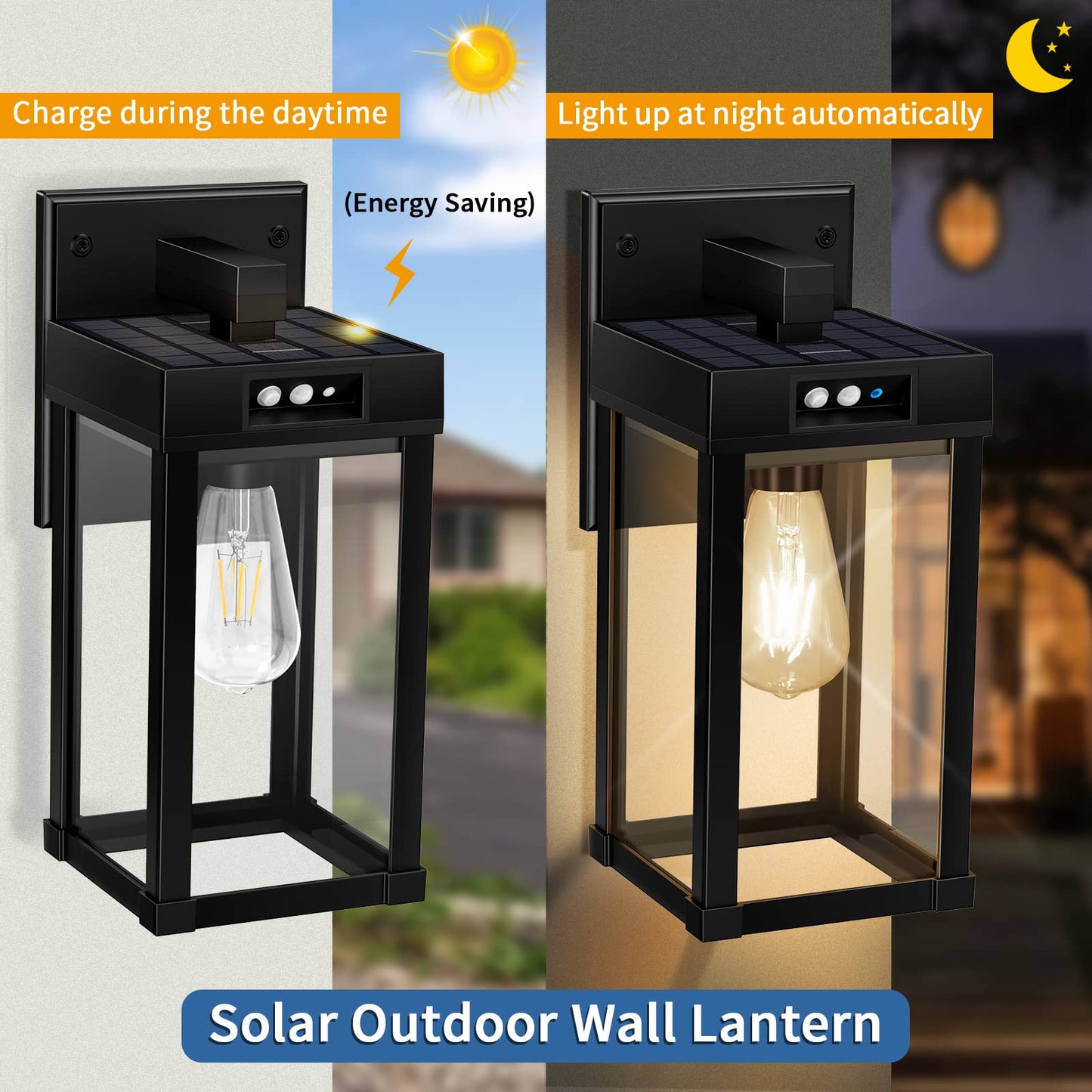 Solar Wall Lights Outdoor with 3 Lighting Modes & Motion Sensor, Solar Porch Light with 2 Bulbs, Waterproof Outdoor Wall Sconce Lantern Lamp Fixture