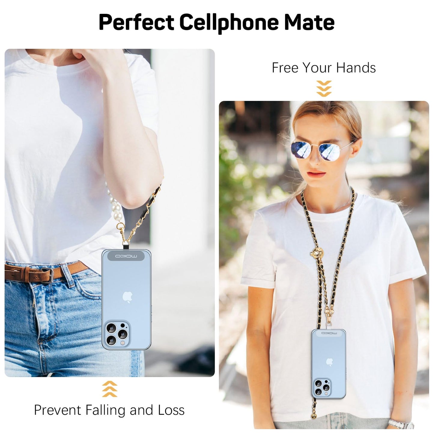 MoKo Phone Lanyard Crossbody, Universal Phone Chain for iPhone, Samsung, Most Smartphones, Neck Strap × 1, Beaded Wrist Strap x 1, Patches × 2, Black