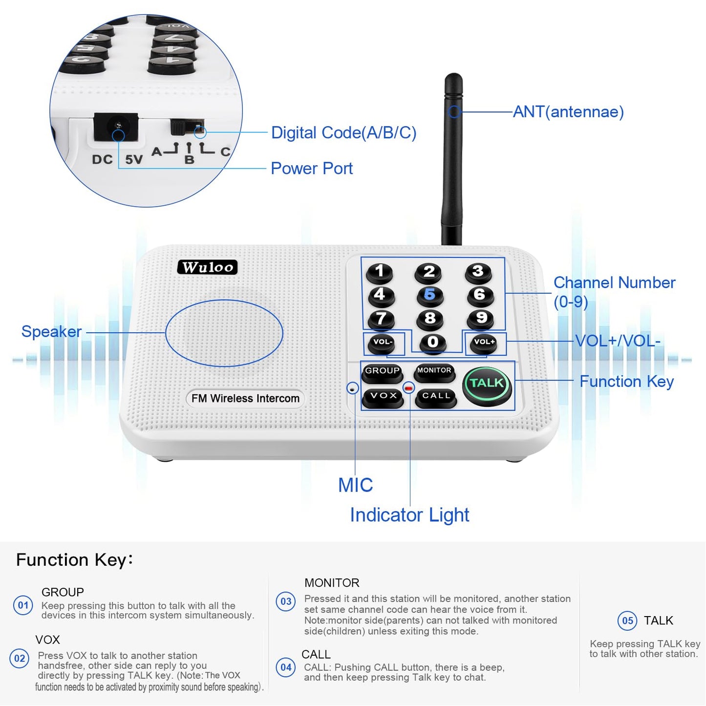 Wuloo Intercoms Wireless for Home 5280 Feet Range 10 Channel 3 Code, Wireless Intercom System for Home House Business Office, Room to Room Intercom