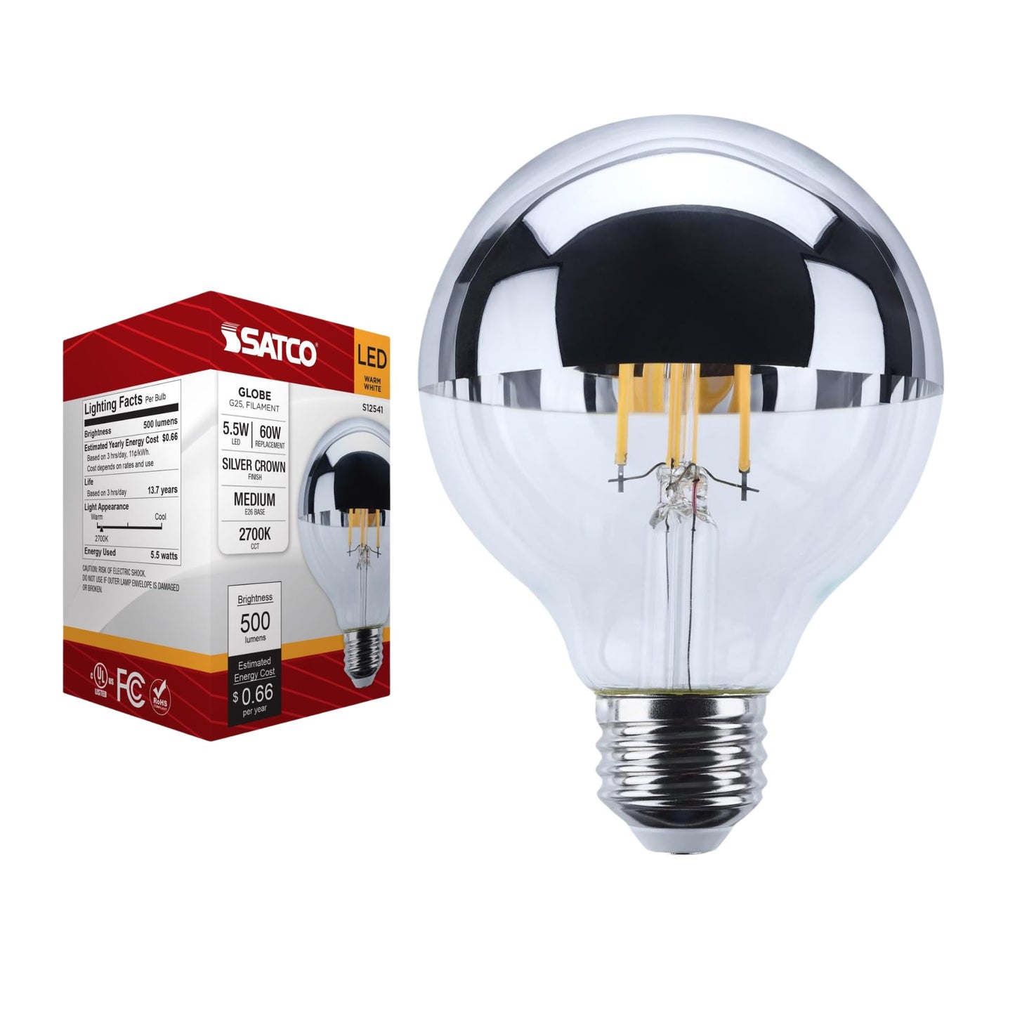Satco LED Filament G25 Globe Silver Crown Light Bulb 5.5W 60W Equivalent 2700K Warm White 90+ CRI E26 Medium Base 120V Dimmable Wet Location Part