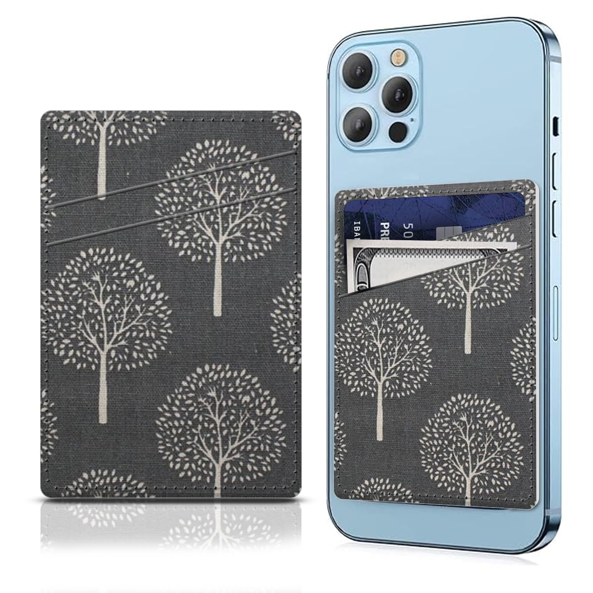 DAORJWL Leather Phone Card Holder, Dual Pocket Wallet, Adhesive Stick On, Cute Credit Card Pocket for Phone Case, Grey Dandelion