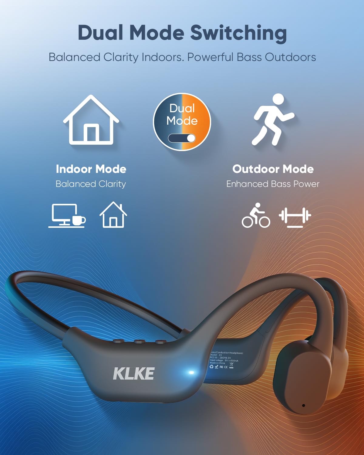KLKE Open-Ear Bone Conduction Headphones, IP66 Waterproof, Integrated Transducer Running Headphones with Dual Mode, Rear Safety Light, 10H