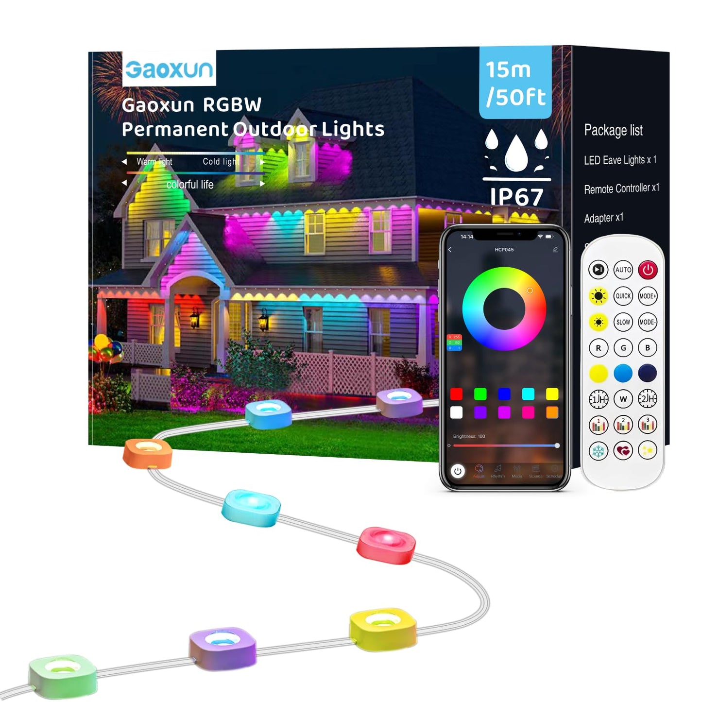 Gaoxun 50ft Permanent Outdoor Lights, RGBW Smart Outside Lights with 30 LED, APP/Remote Control, Dimmable, 47 Scene Modes, Timer, IP67 Waterproof