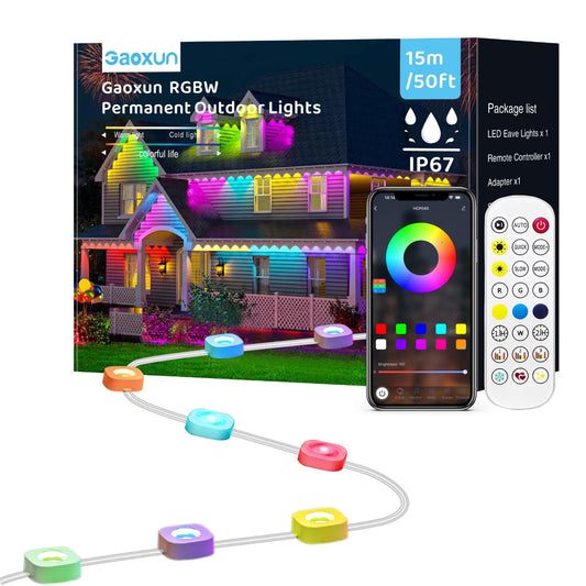 Gaoxun 50ft Permanent Outdoor Lights, RGBW Smart Outside Lights with 30 LED, APP/Remote Control, Dimmable, 47 Scene Modes, Timer, IP67 Waterproof