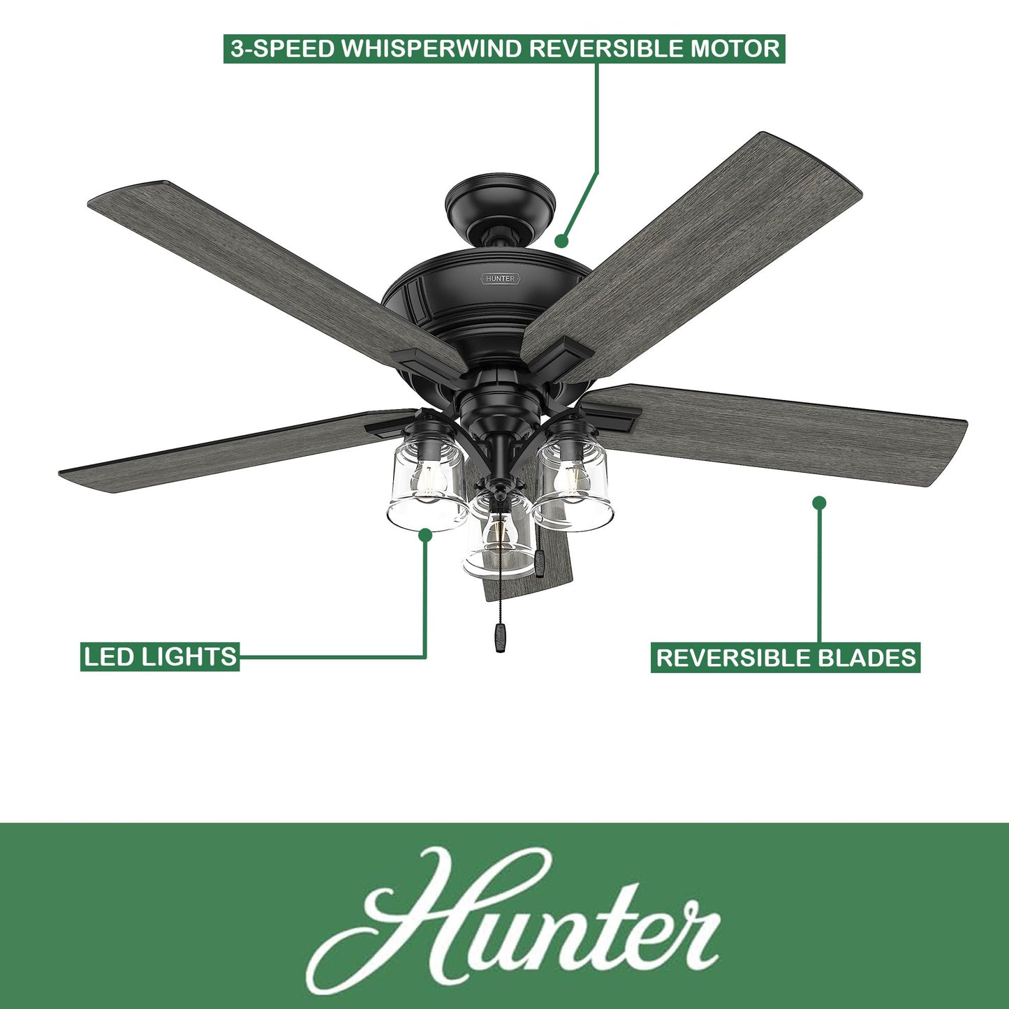 Hunter Fan 54 Inch Traditional Matte Black Finish Indoor Ceiling Fan With LED Light Kit and Pull Chain (Renewed)