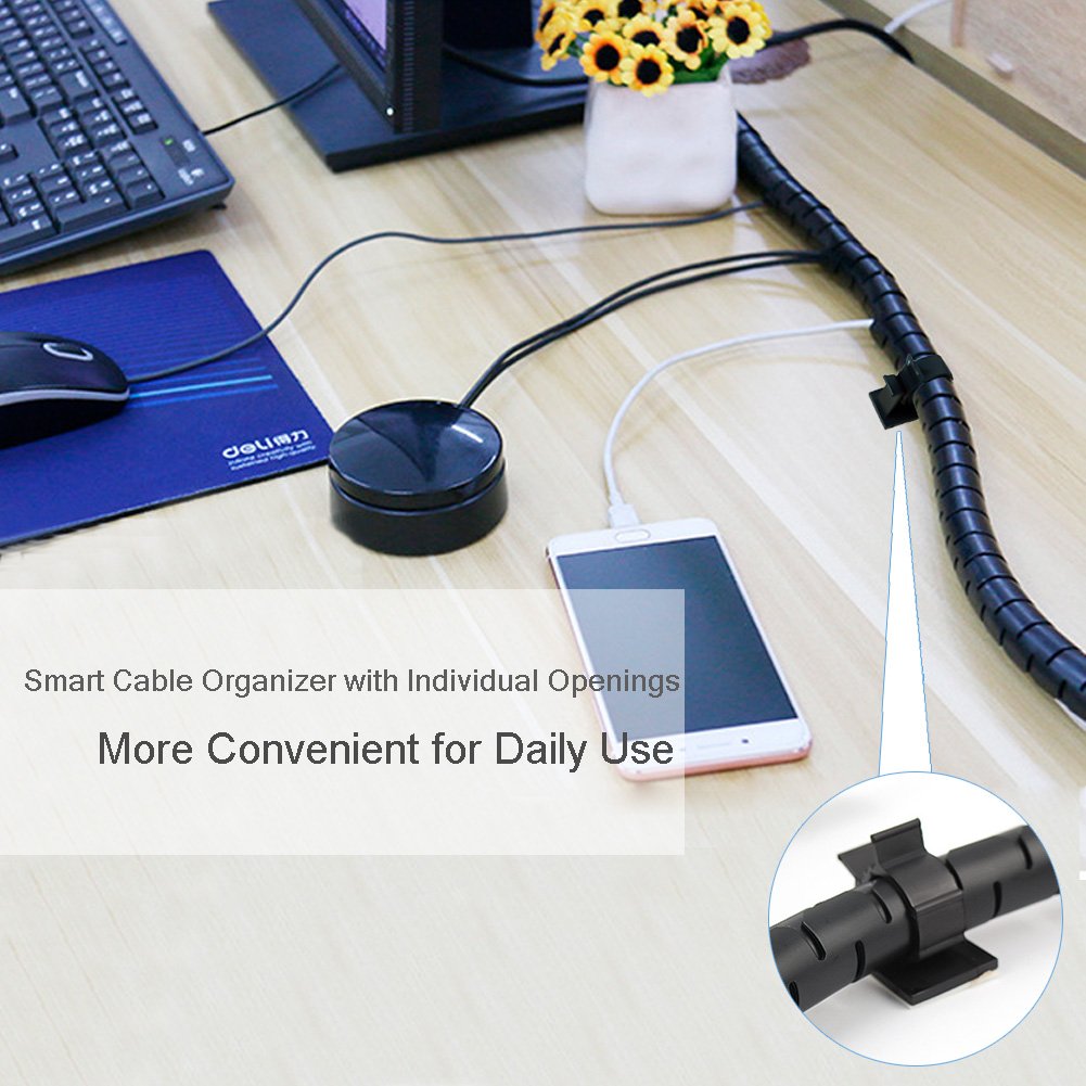 Black Computer Cable Management Wire Cover Electrical Cord Hider Solutions 2 PCS, VIWIEU Tangle Sprial Cable Tube with 4 Adhesive Cable Clips for TV