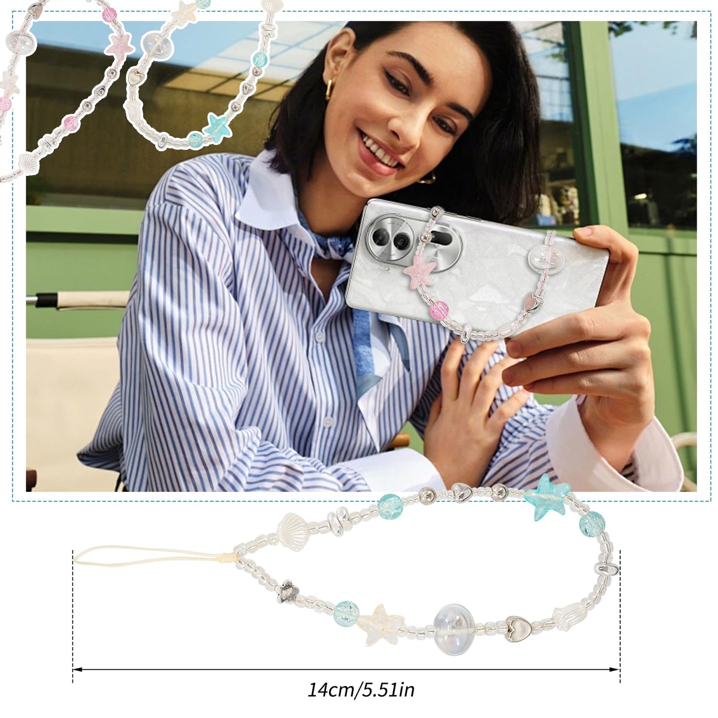 Xorim 2 PCS Camera Charm Strap, Beaded Camera Wrist Strap Cute, for Camera?Mobile Phones, Bags, Keychain Pendant Decoration (Blue, Pink)