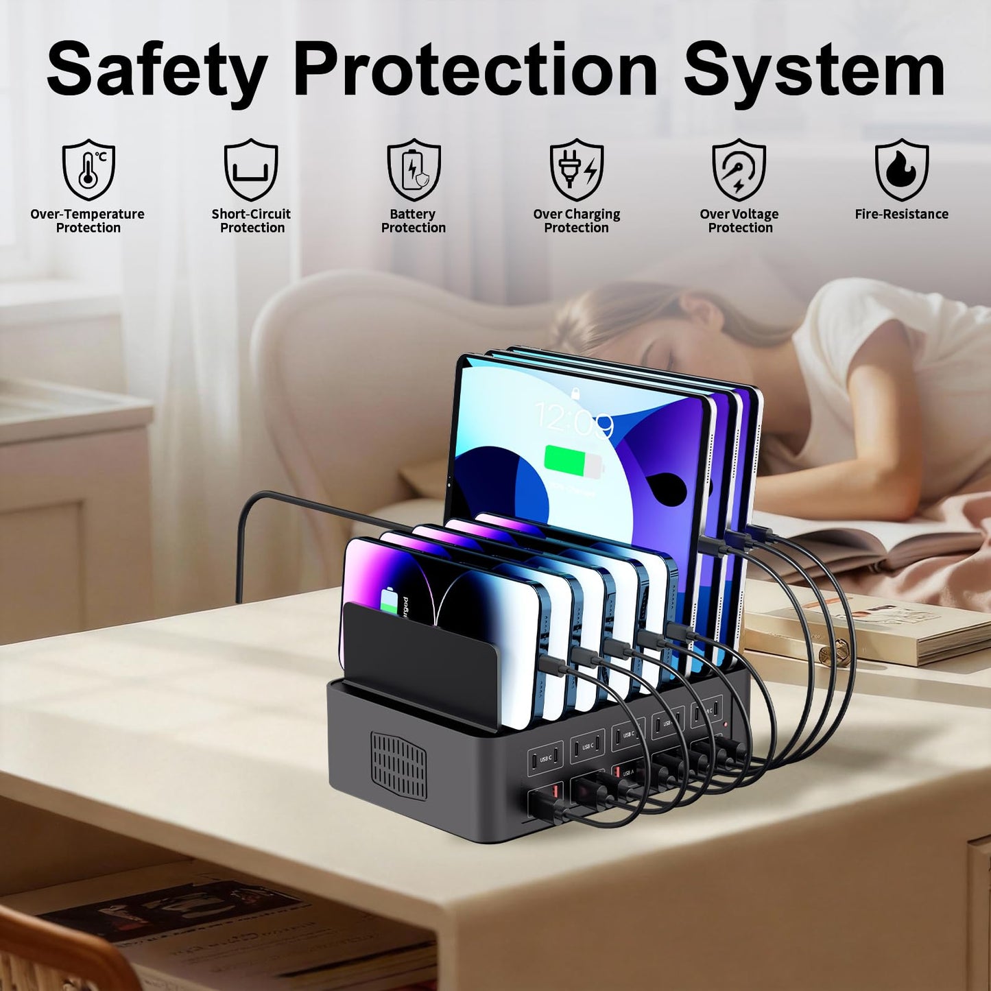 150W/35A Charging Station for Multiple Devices, 20 Port USB C Fast Charging Station with Adjustable Dividers - Organizer Charging Dock for Smartphone