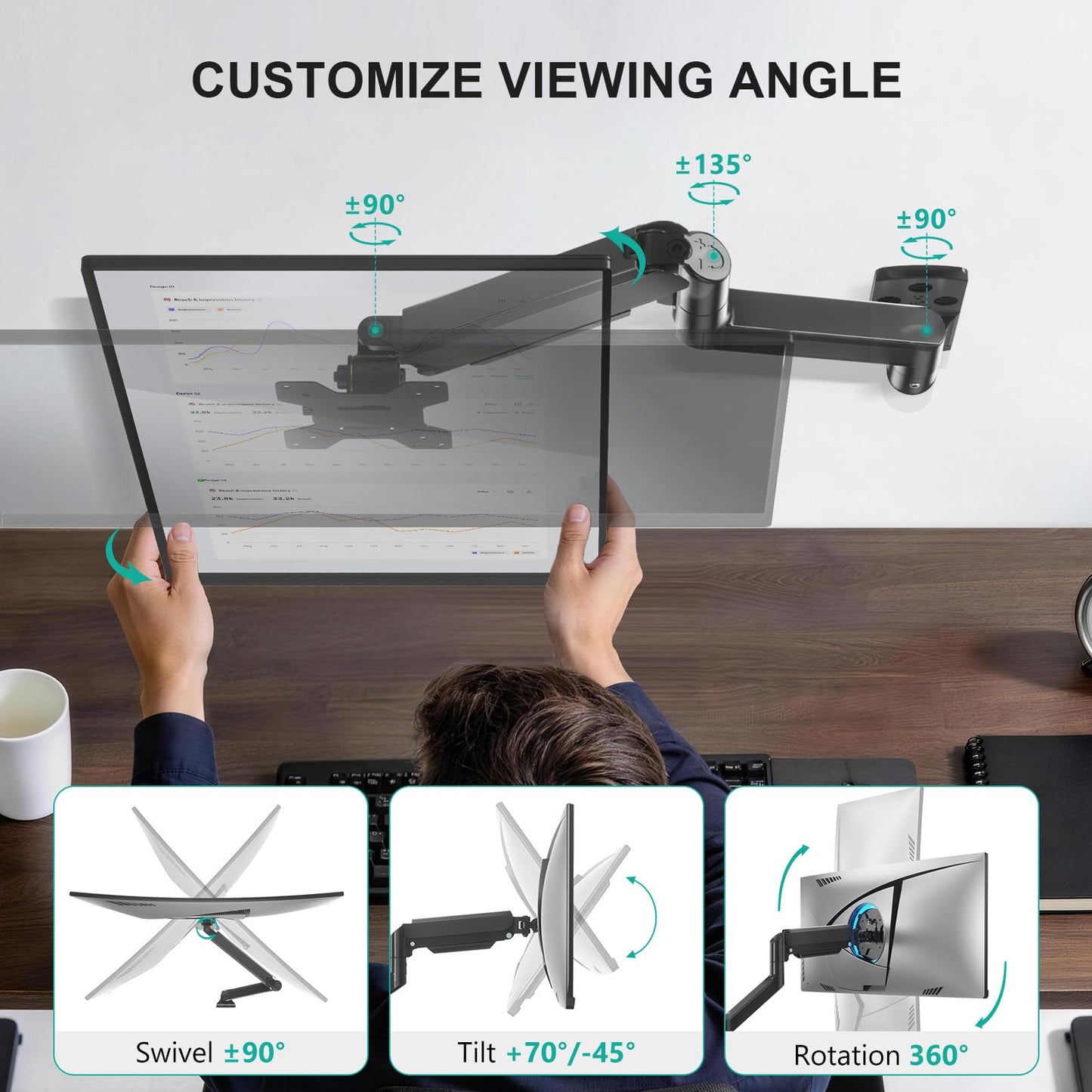 WALI Computer Monitor Wall Mount for 17 to 32 Inch Screens, Single Monitors Mount Holds up to 22lbs, Fully Adjustable Wall Mount Monitor Arm