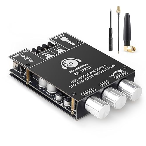 ZK-1002T Bluetooth Amplifier Board 2.0 Channel 100W×2 Class D Audio Amp, TPA3116D2, AUX & Bluetooth Input, DC 12-24V for DIY Speakers with Antenna